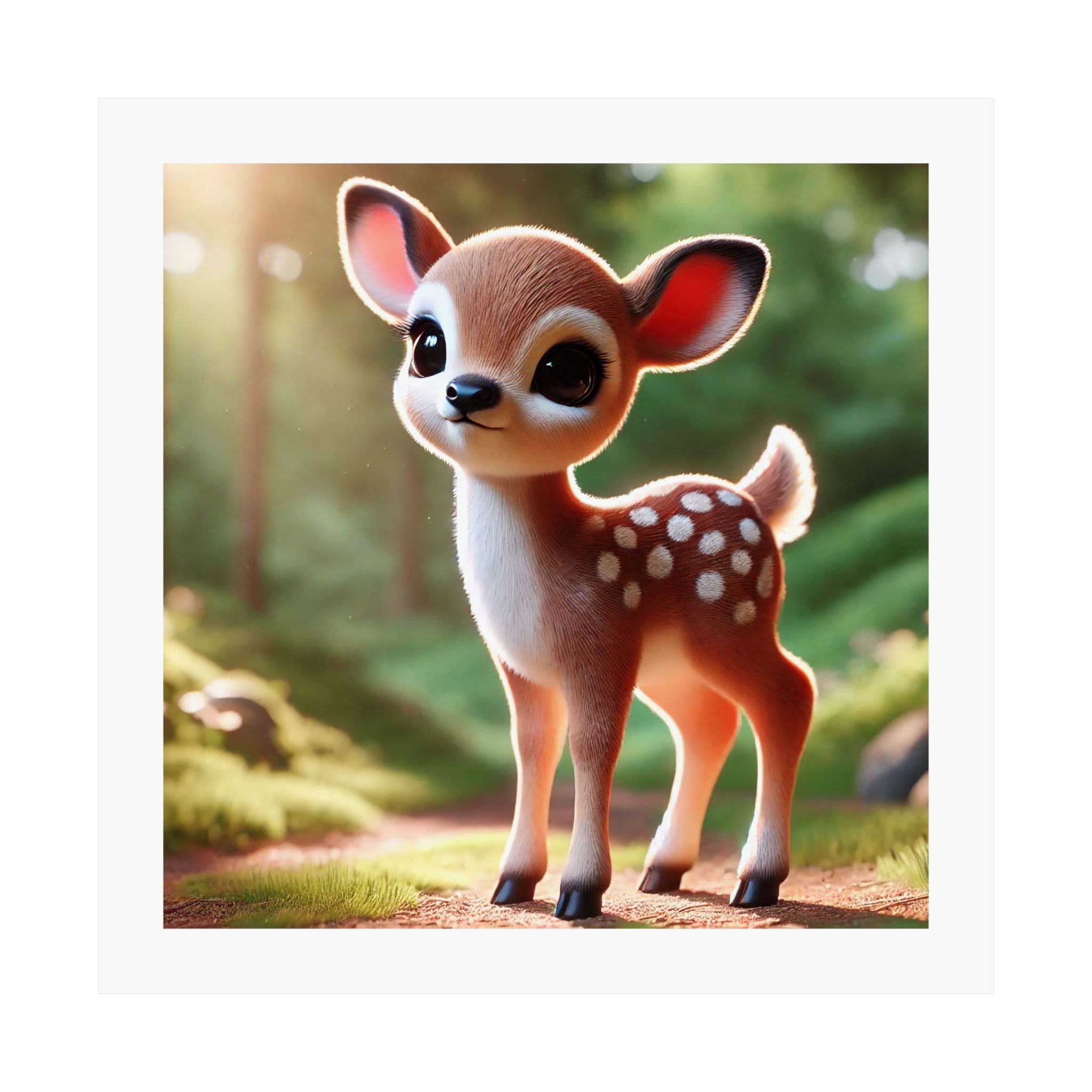 A cartoon deer with large eyes and a small nose stands in a forest setting, surrounded by trees and greenery.