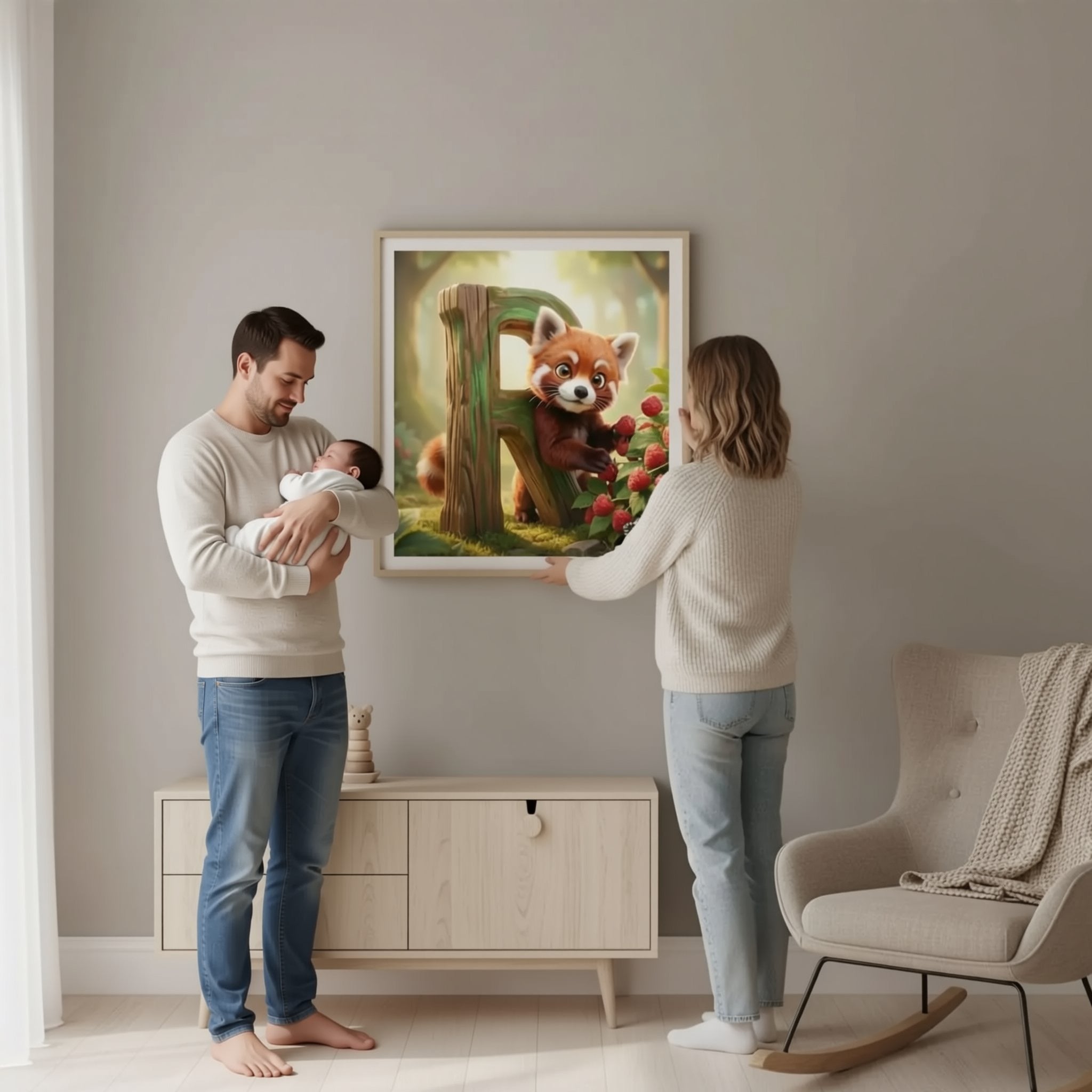 A woman hangs a framed painting of a red panda on a wall in a cozy living room.