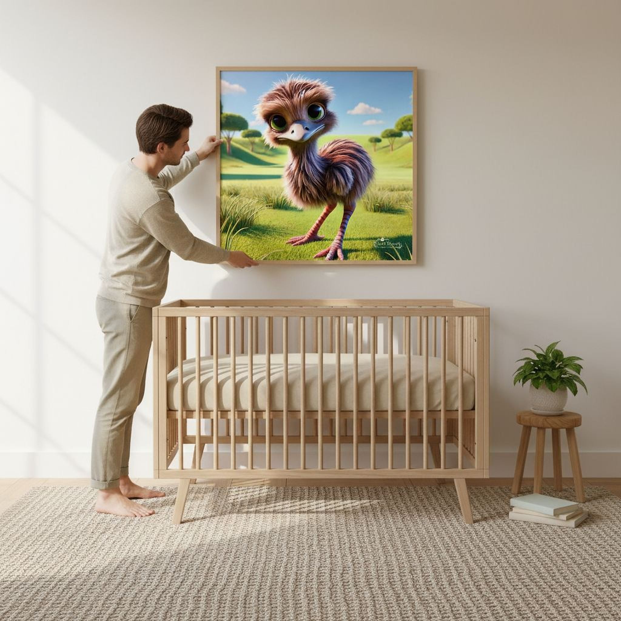 A man is standing in a nursery, adjusting a framed picture of an ostrich on the wall above a wooden crib.