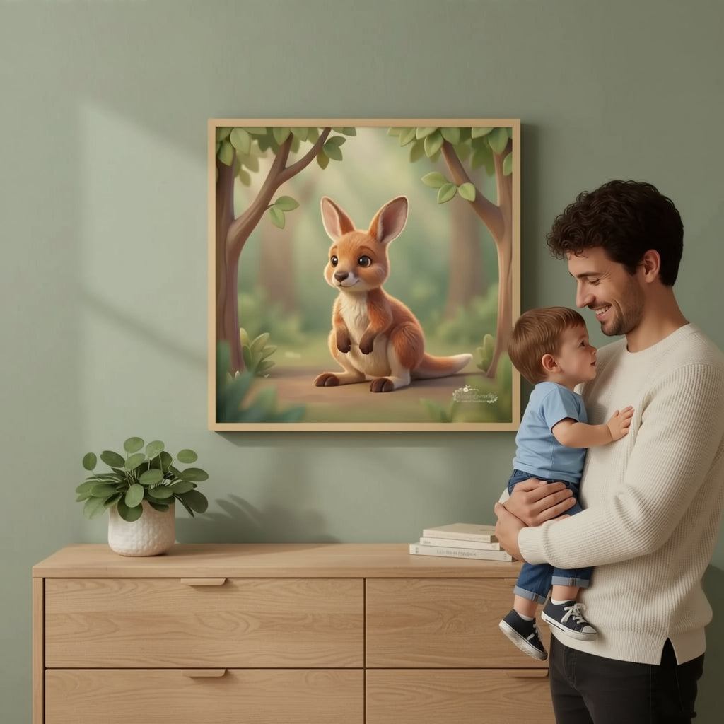 A man is hanging a framed picture of a kangaroo on a wall in a room with a wooden dresser and various decorative items.