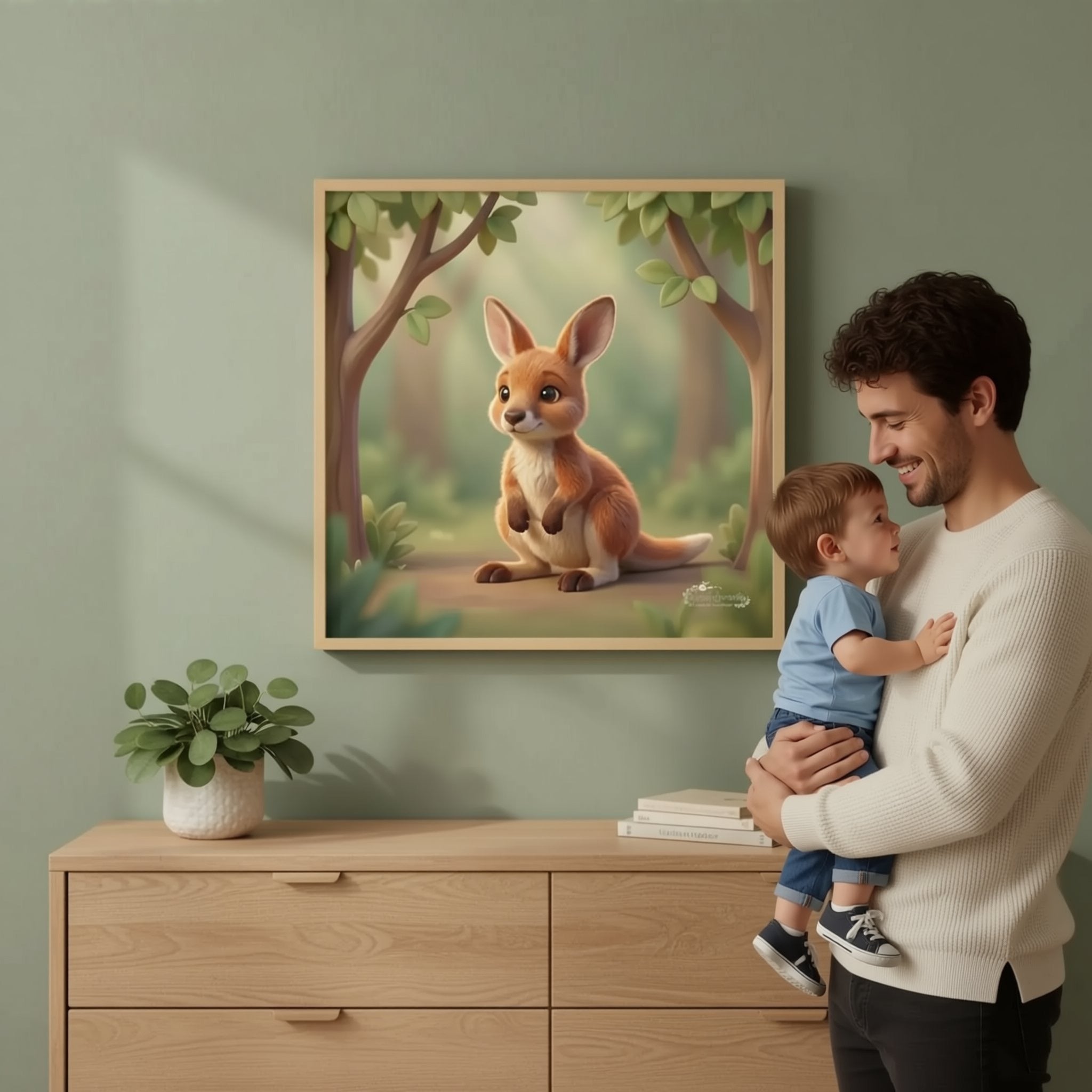 A man is hanging a framed picture of a kangaroo on a wall in a room with a wooden dresser and various decorative items.