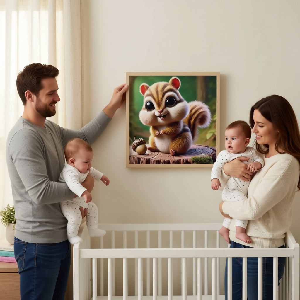 A framed image of a cartoon chipmunk is hanging on a wall in a nursery.