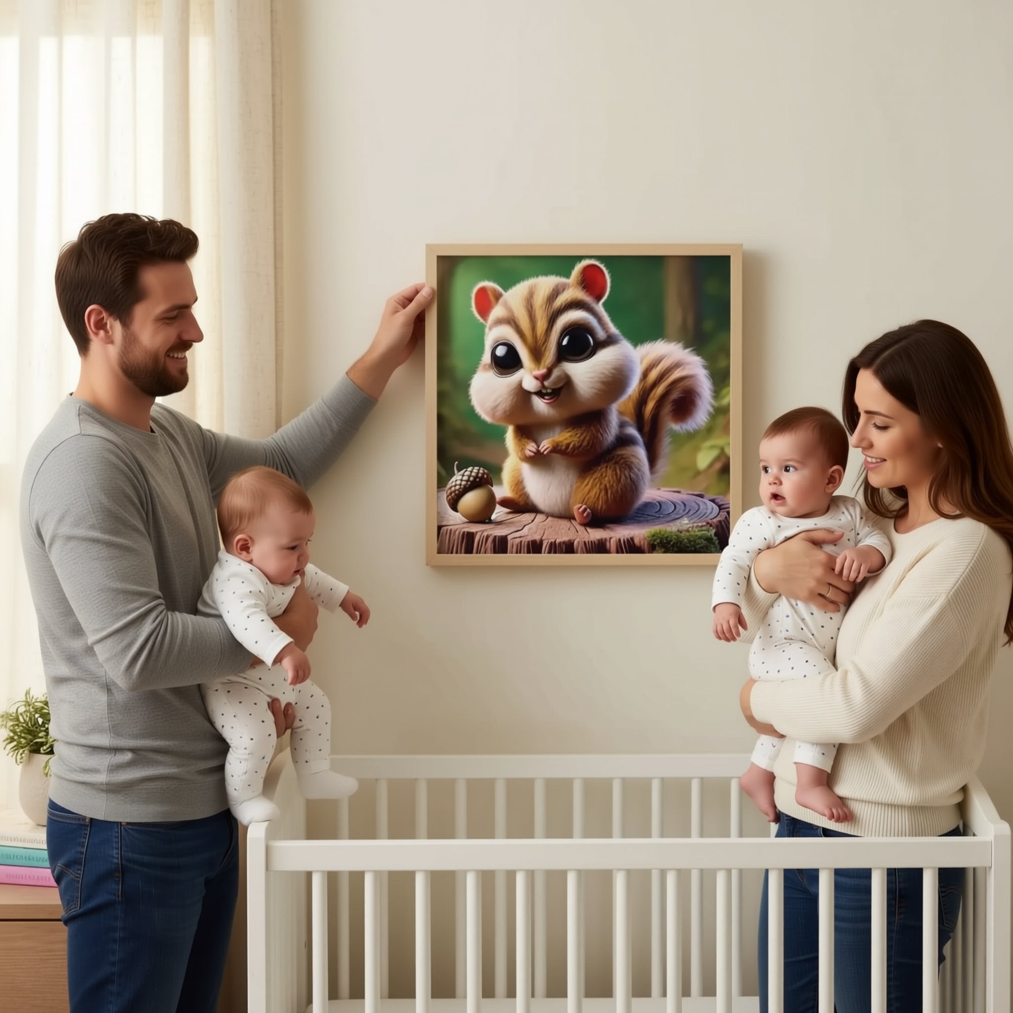 A framed image of a cartoon chipmunk is hanging on a wall in a nursery.