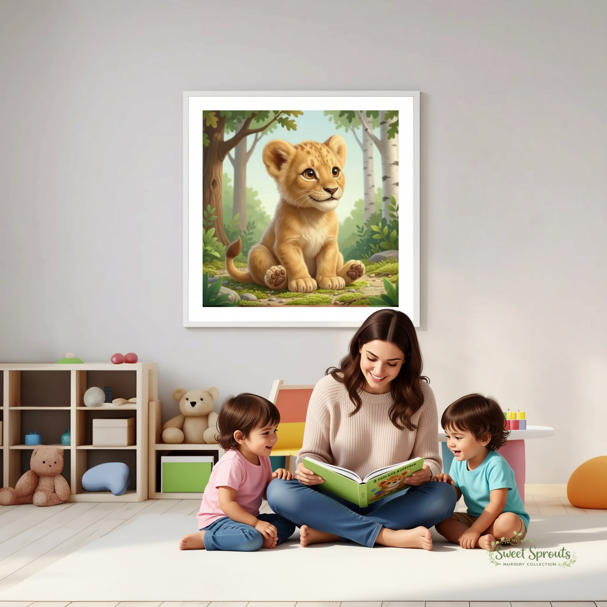 A framed painting of a young lion sitting on the ground in a lush, green forest setting hangs on a wall in a child's playroom.