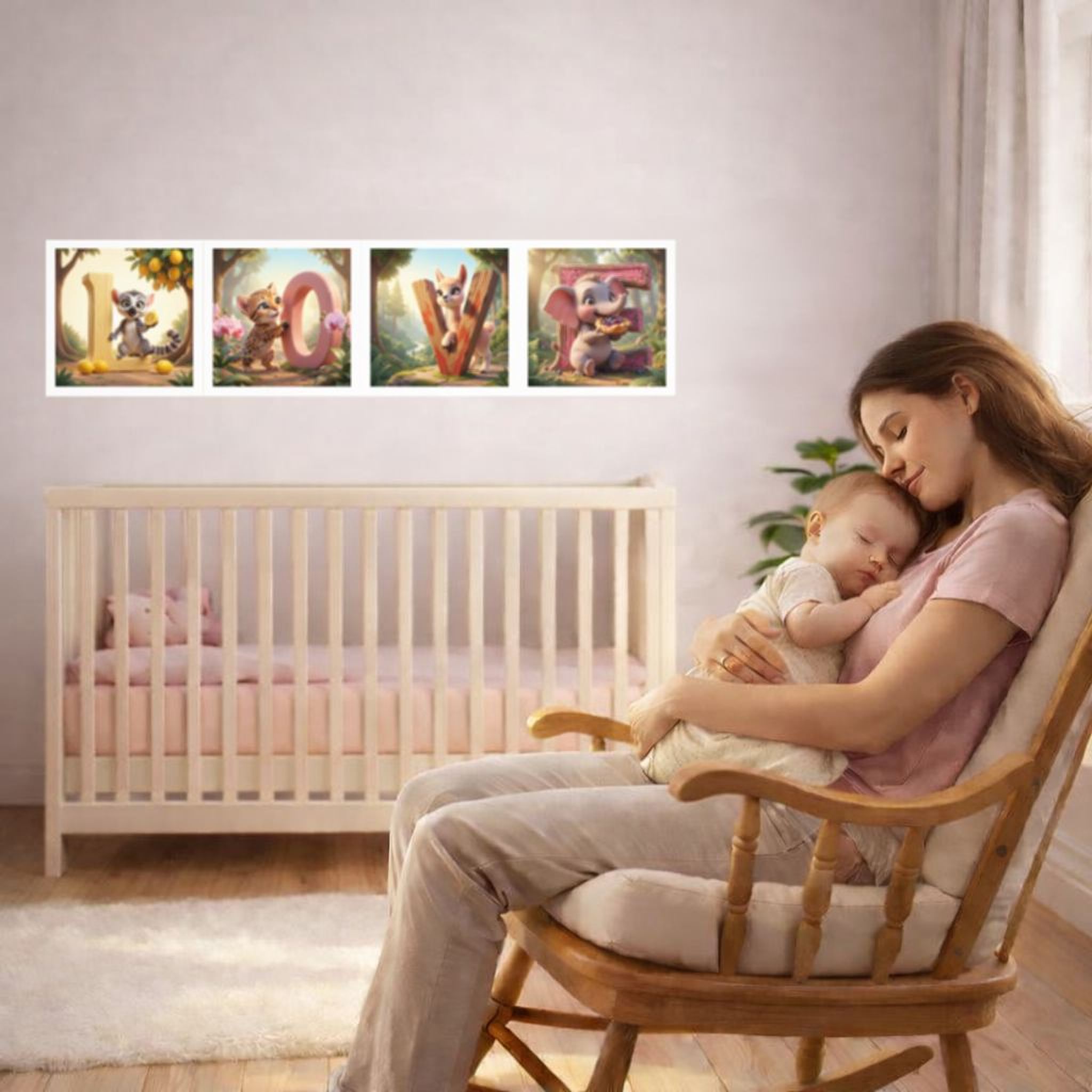 A woman is sitting in a rocking chair, holding a sleeping baby in her arms. The wall behind them has a large, colorful display of the word "LOVE" made up of various animal illustrations.