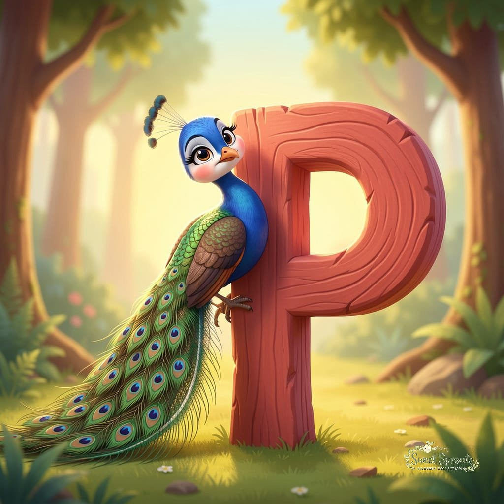 A colorful illustration of a peacock perched on a large red letter 'P' in a lush, forested setting.