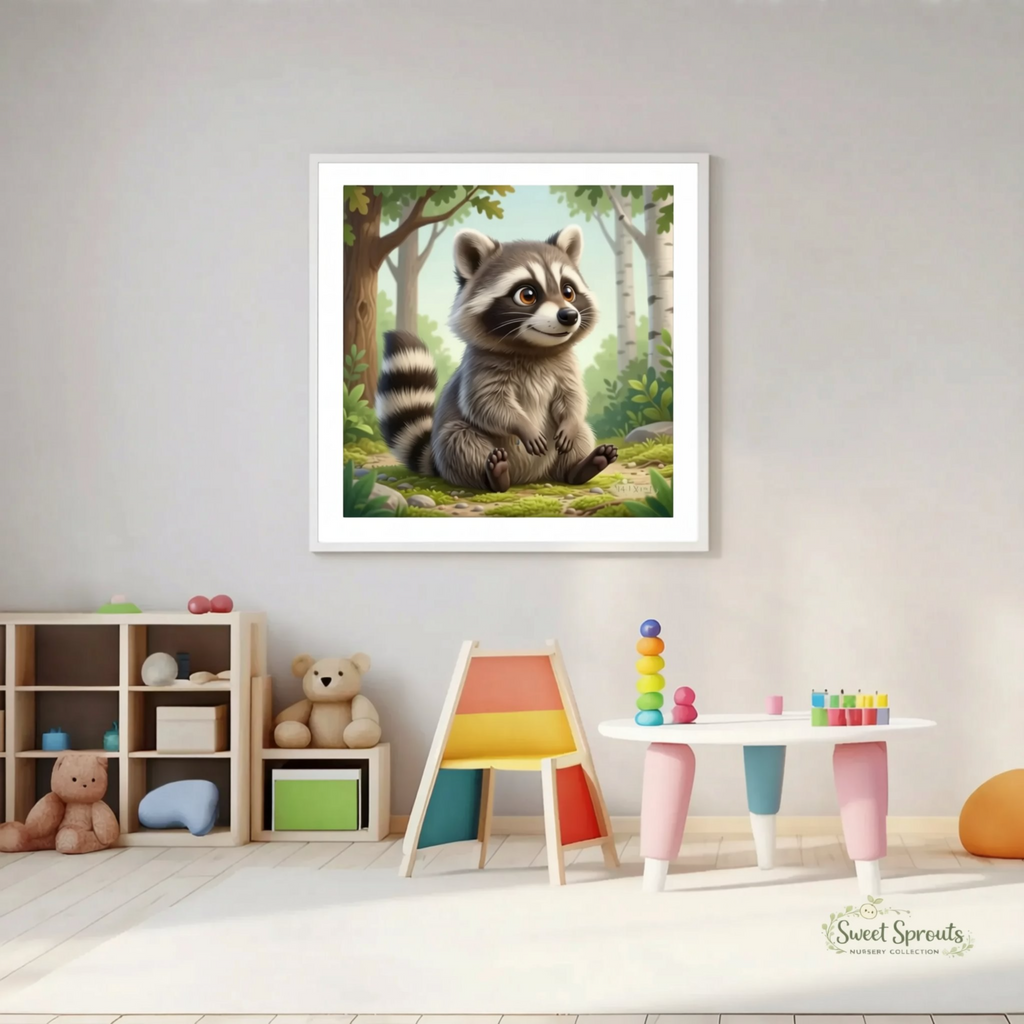 A framed painting of a raccoon sitting on a forest floor hangs on a wall in a child's playroom, surrounded by toys and a colorful play area.