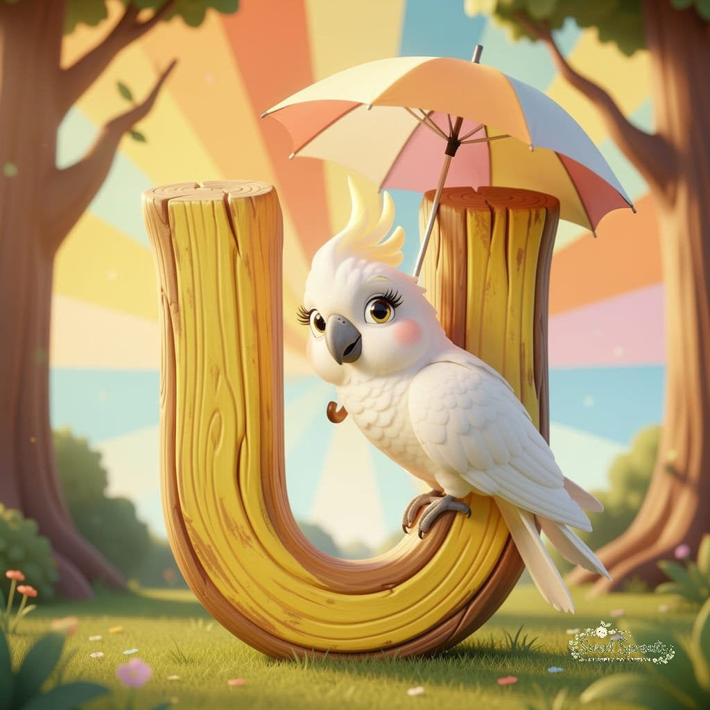 A white parrot is perched on a wooden letter 'U' in a whimsical forest setting, holding an umbrella.