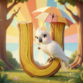 A white parrot is perched on a wooden letter 'U' in a whimsical forest setting, holding an umbrella.