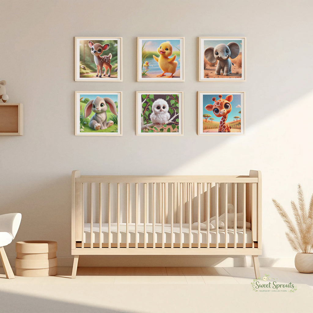 A nursery room with a wooden crib and a shelf with a stuffed animal. Above the crib are six framed animal illustrations, including a deer, duck, rabbit, owl, giraffe, and elephant.