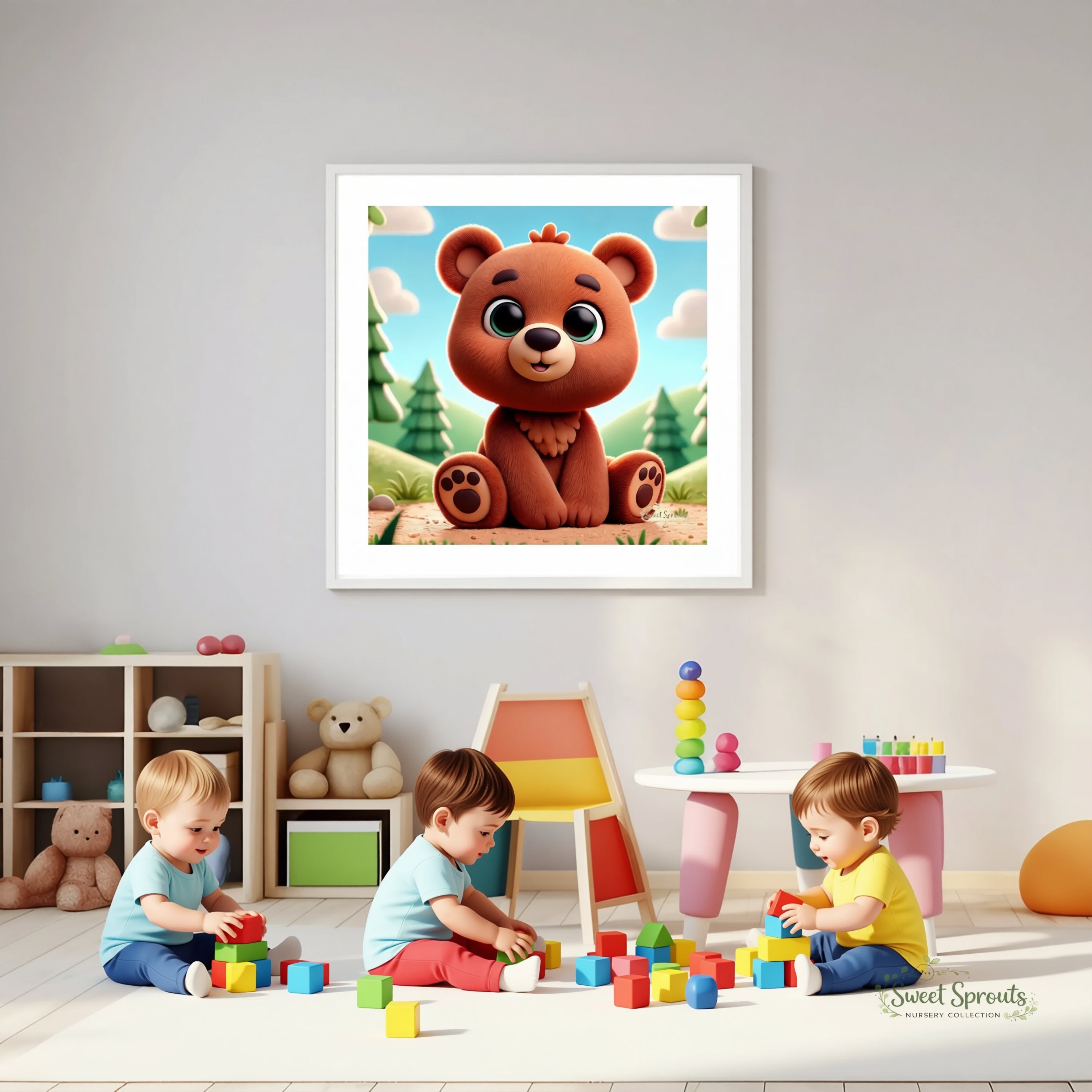 A framed illustration of a cartoon bear is displayed on the wall in a children's playroom, with three young children playing with colorful blocks in front of it.