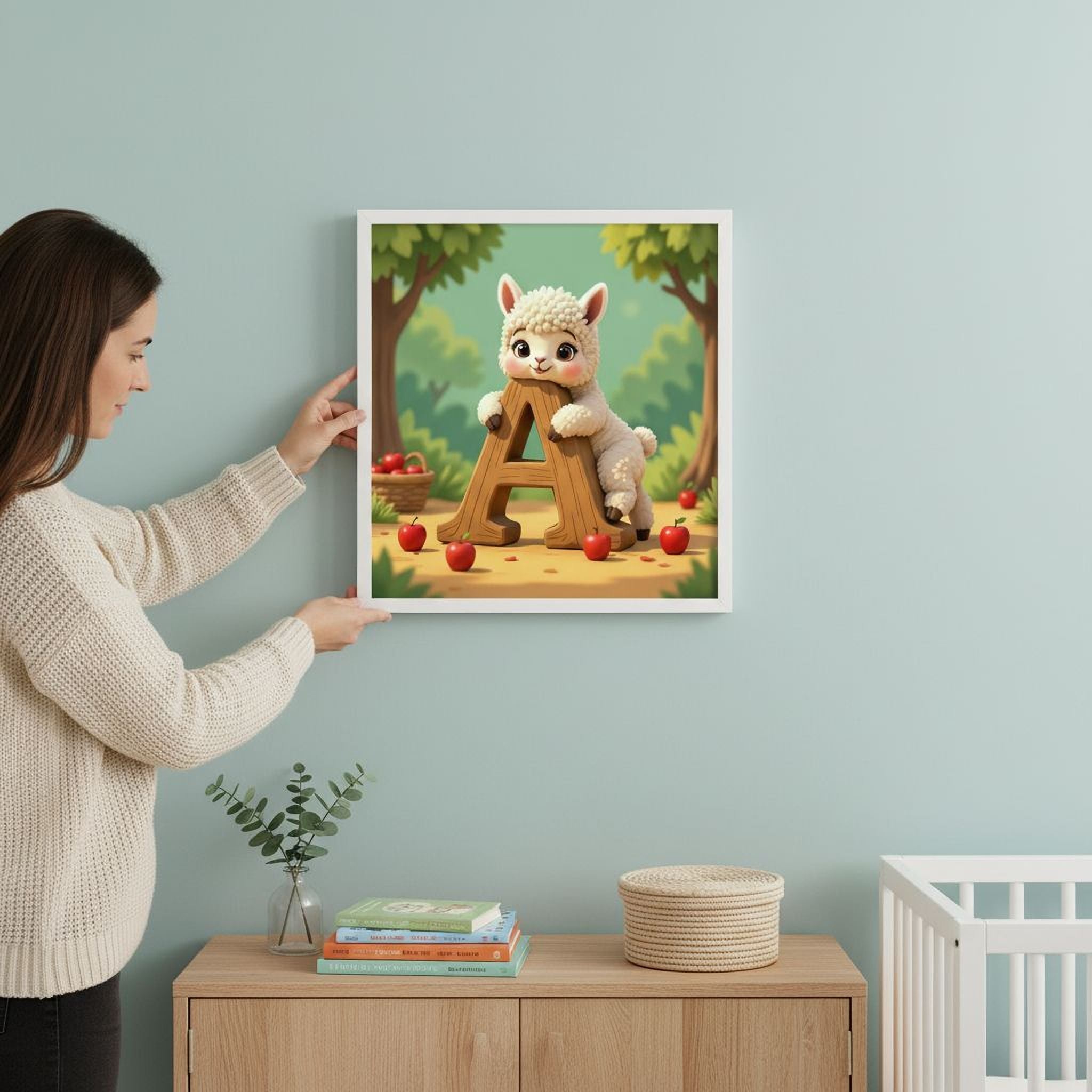 A woman is hanging a framed illustration of a cartoon lamb on a wall, which depicts the letter 'A' surrounded by apples and trees.