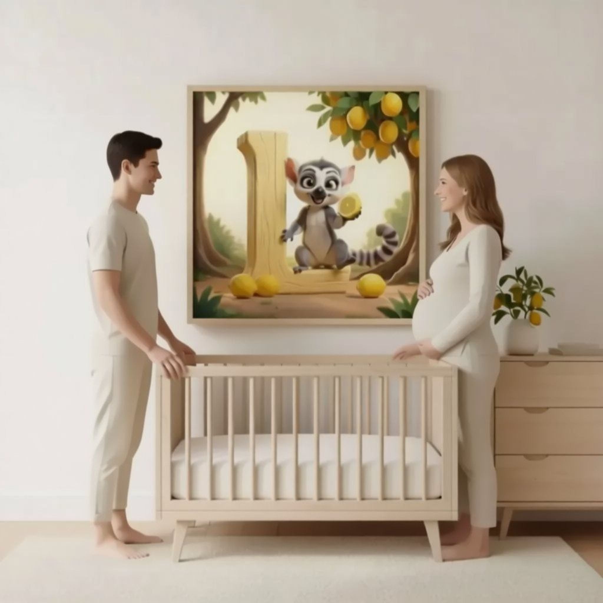 A man and a woman stand in front of a wooden crib, with a framed illustration of a cartoon character and lemons on the wall behind them.