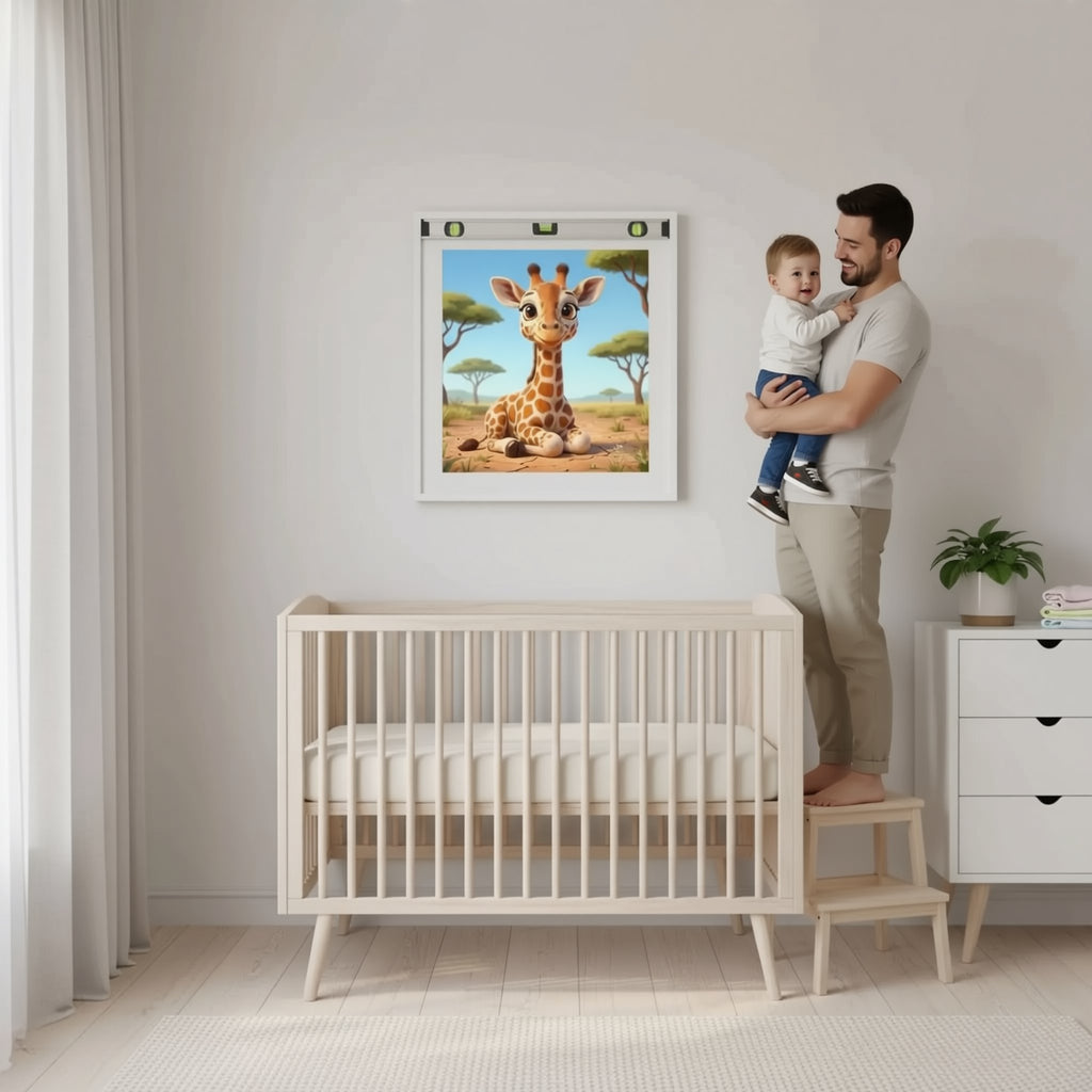 A woman is standing on a step ladder, hanging a framed picture of a giraffe on the wall of a nursery.