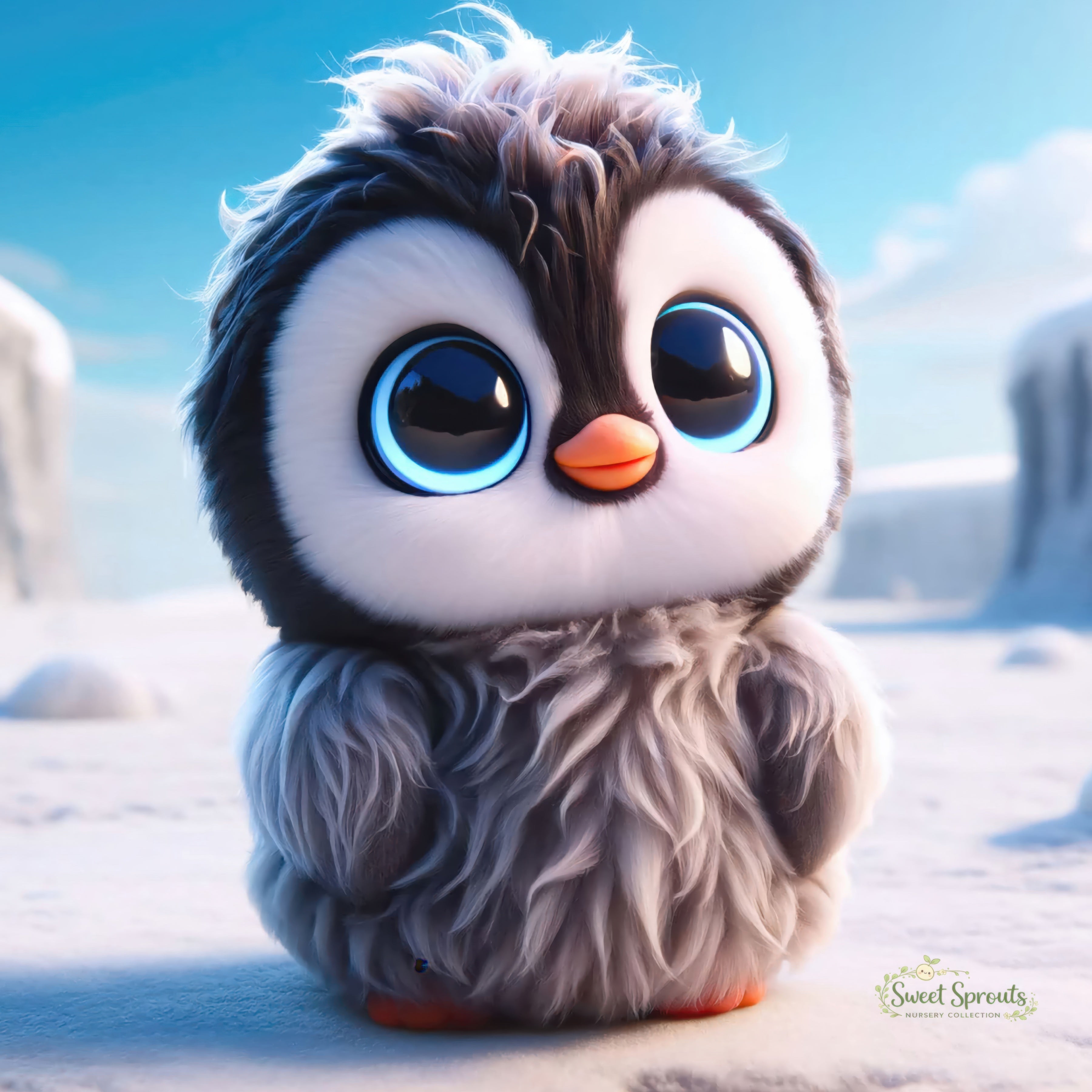 A cute, fluffy penguin with large blue eyes sits on a snowy surface against a bright blue sky.