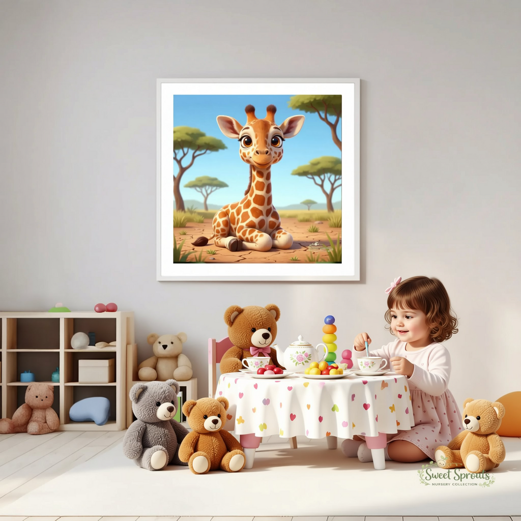 A framed illustration of a giraffe is displayed on a wall in a child's bedroom, with a colorful play area and toys visible below.