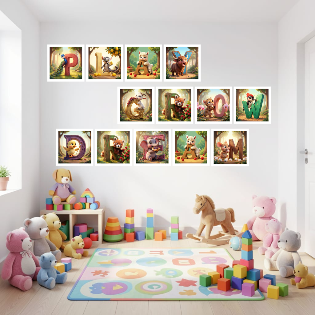 A colorful and playful children's room filled with toys, including stuffed animals, building blocks, and a rocking horse. The walls are decorated with various framed images depicting animals and characters, creating a vibrant and imaginative atmosphere.