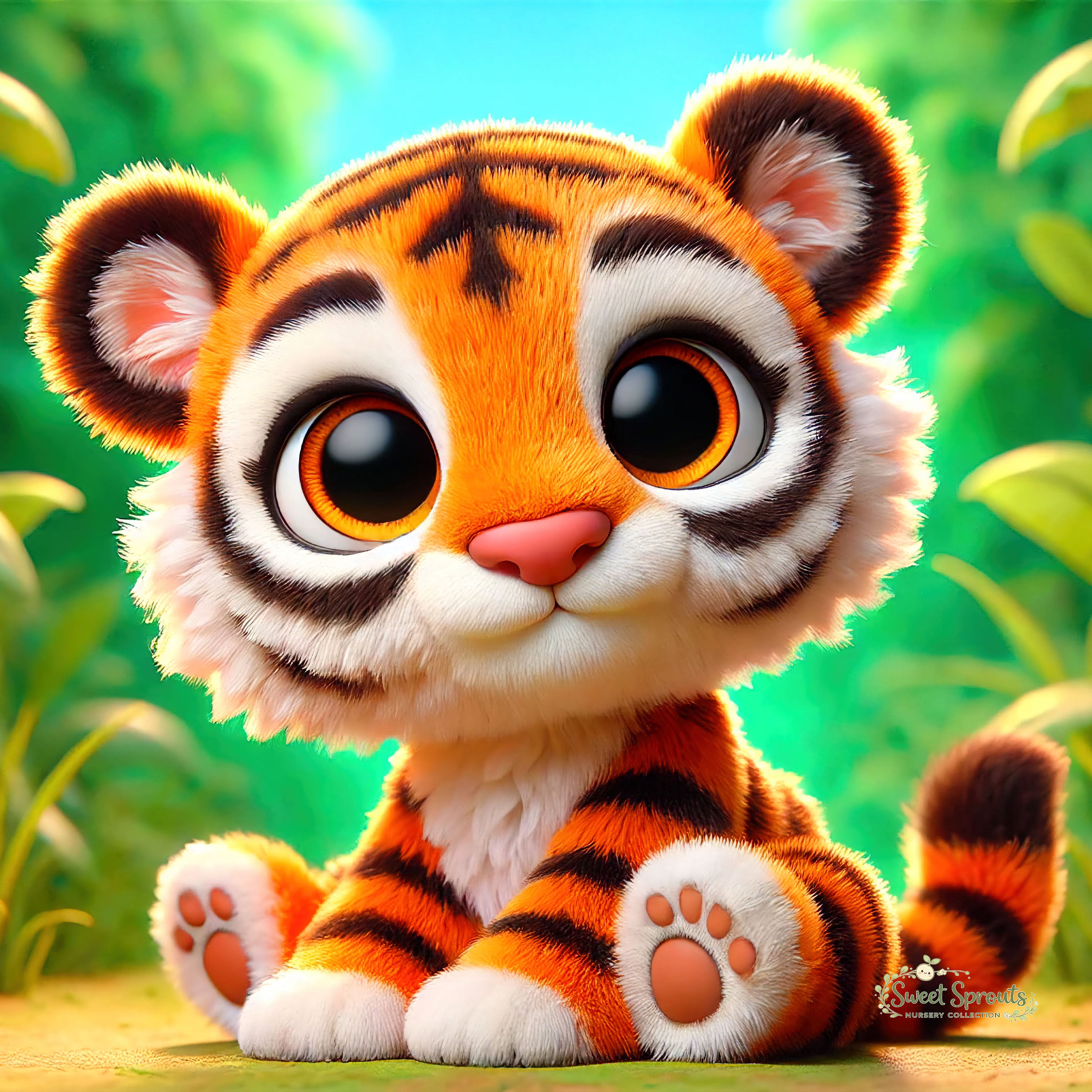A close-up of a cute, cartoon-like tiger sitting on the ground with large, expressive eyes and a friendly expression.