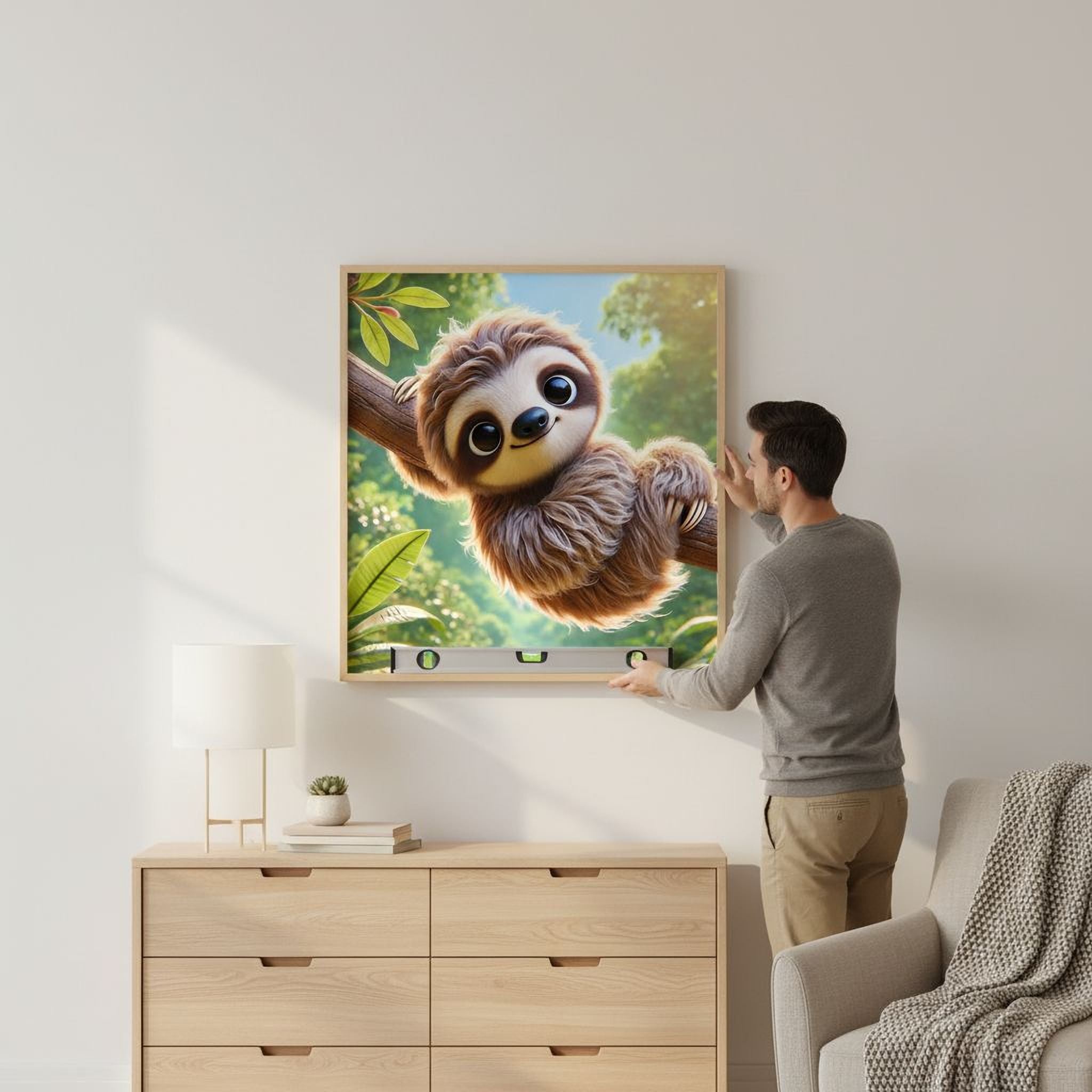 A man is hanging a large framed picture of a sloth on a wall in a living room.