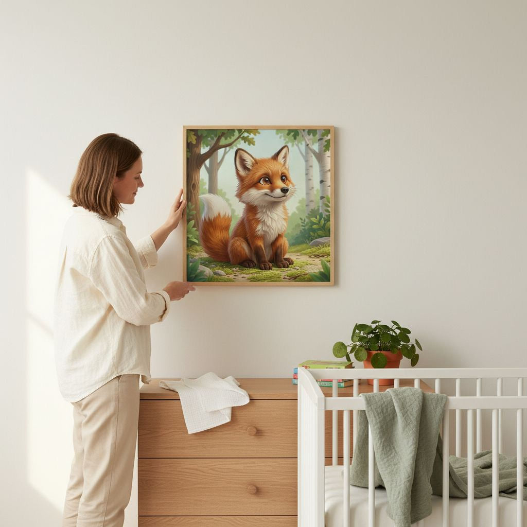 A woman is standing in a nursery, holding a framed picture of a fox in a forest setting.