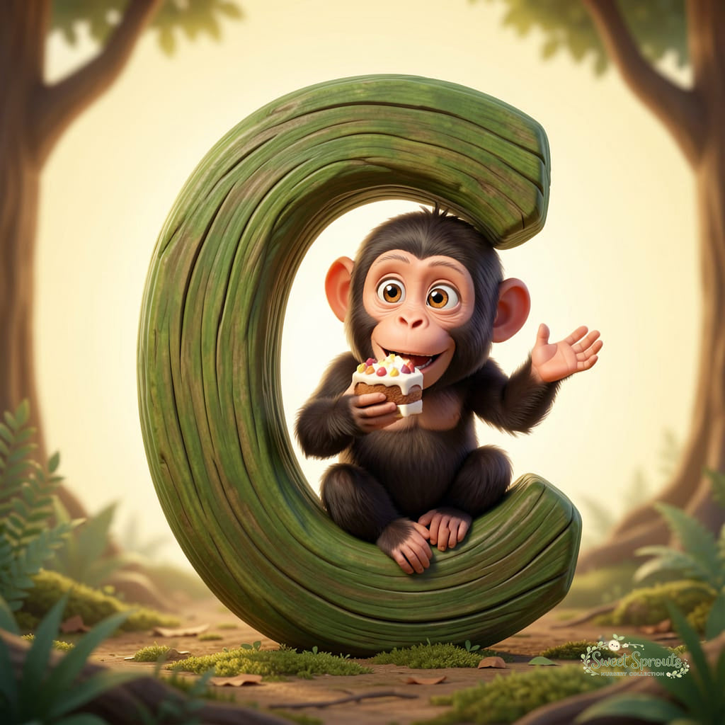 A cartoon monkey sitting on a large green letter 'C' holding a piece of cake.