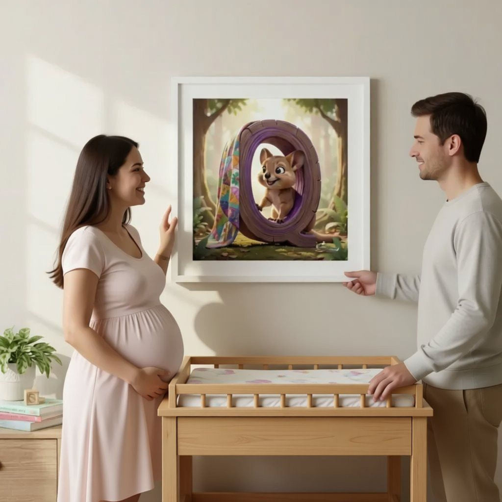 A pregnant woman and a man stand in a room, looking at a framed image of a cartoon character.