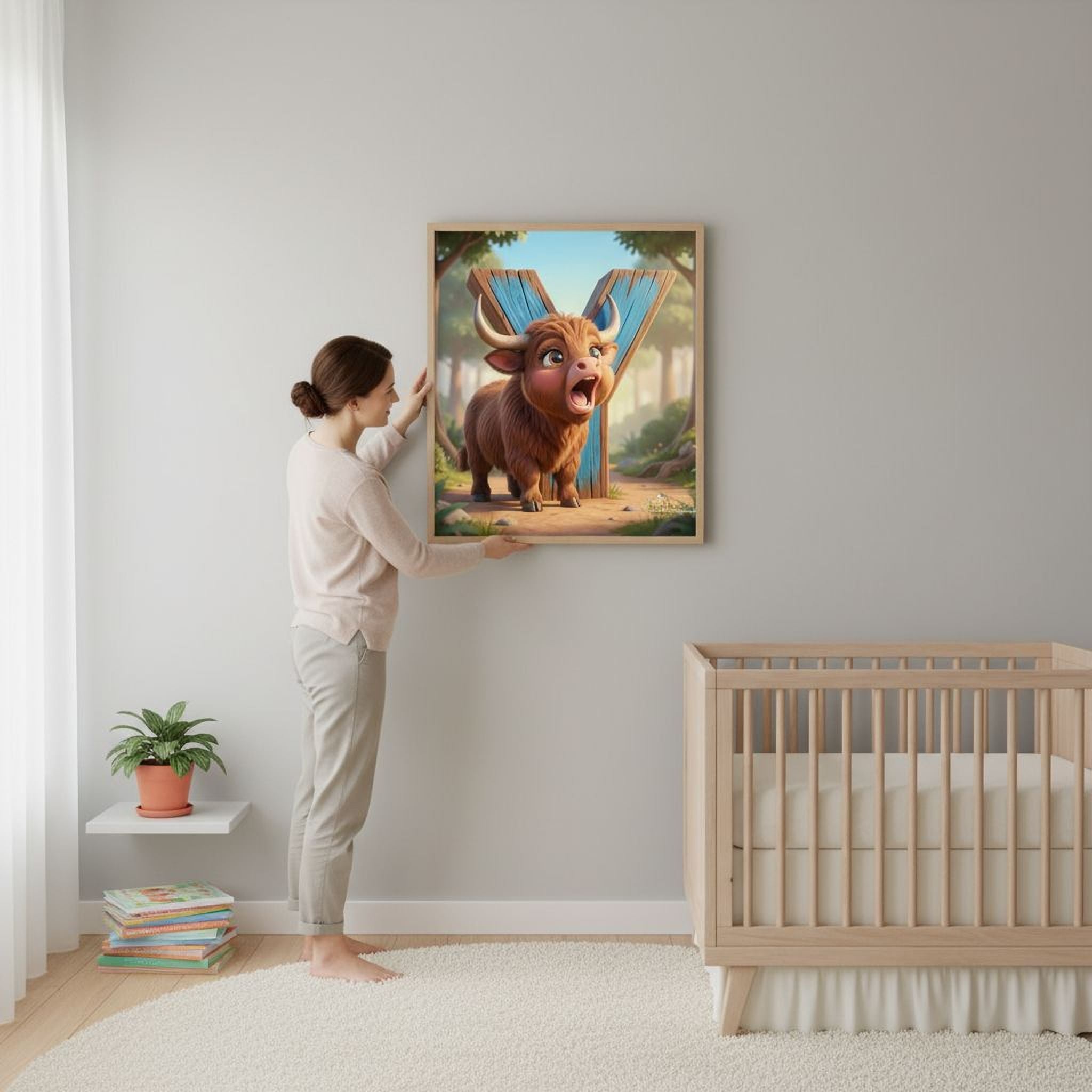A woman is standing in a nursery, holding a framed picture of a cartoon character, which appears to be a bull or a similar animal.
