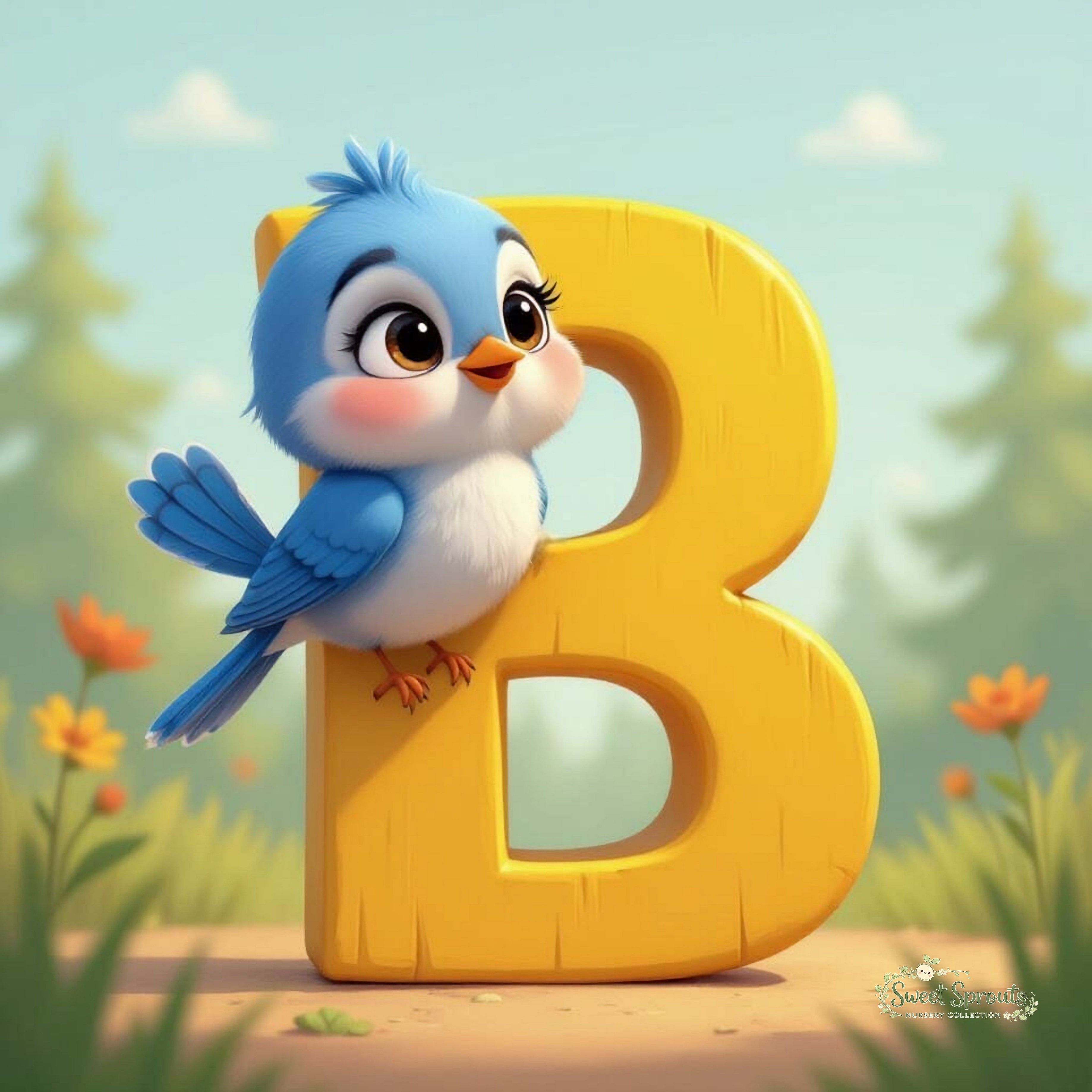 A blue bird is perched on a large yellow letter 'B' in a forest setting with flowers and pine trees in the background.