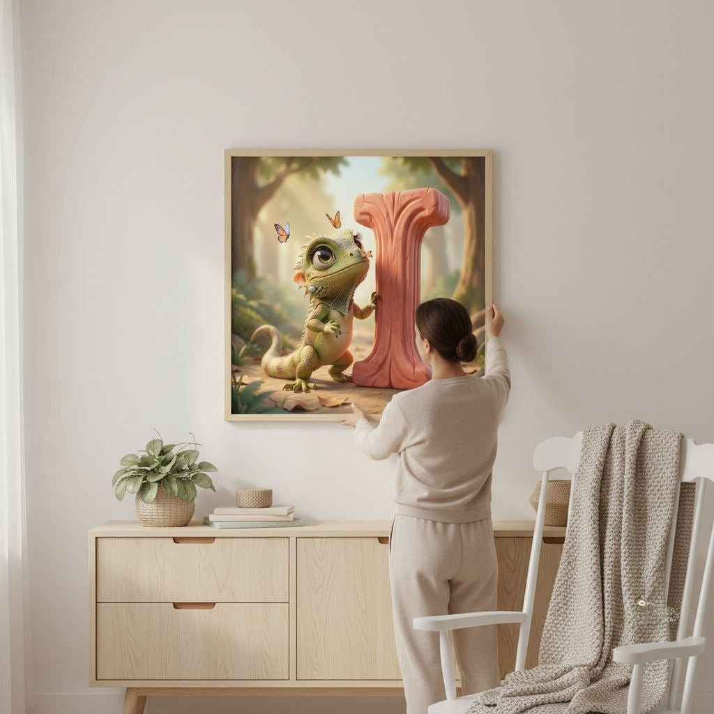 A woman is hanging a framed artwork featuring a cartoon character on a wall in a room with a wooden dresser and a white chair.