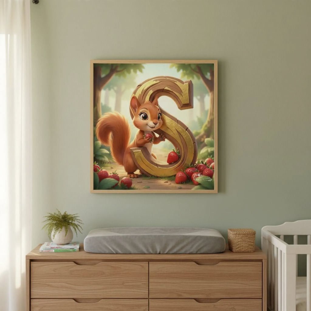 a wooden dresser with a framed illustration of a squirrel holding a large letter 'S' in its paws, surrounded by apples and other fruits.