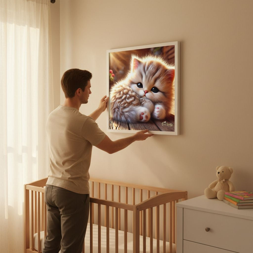A man is hanging a framed picture of a kitten on a wall in a nursery.