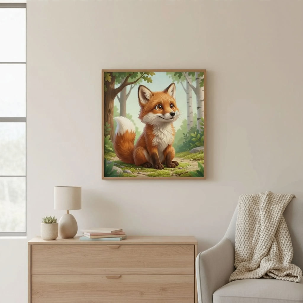 A framed painting of a fox is hanging on a wall in a living room, with a person's arm reaching towards it.