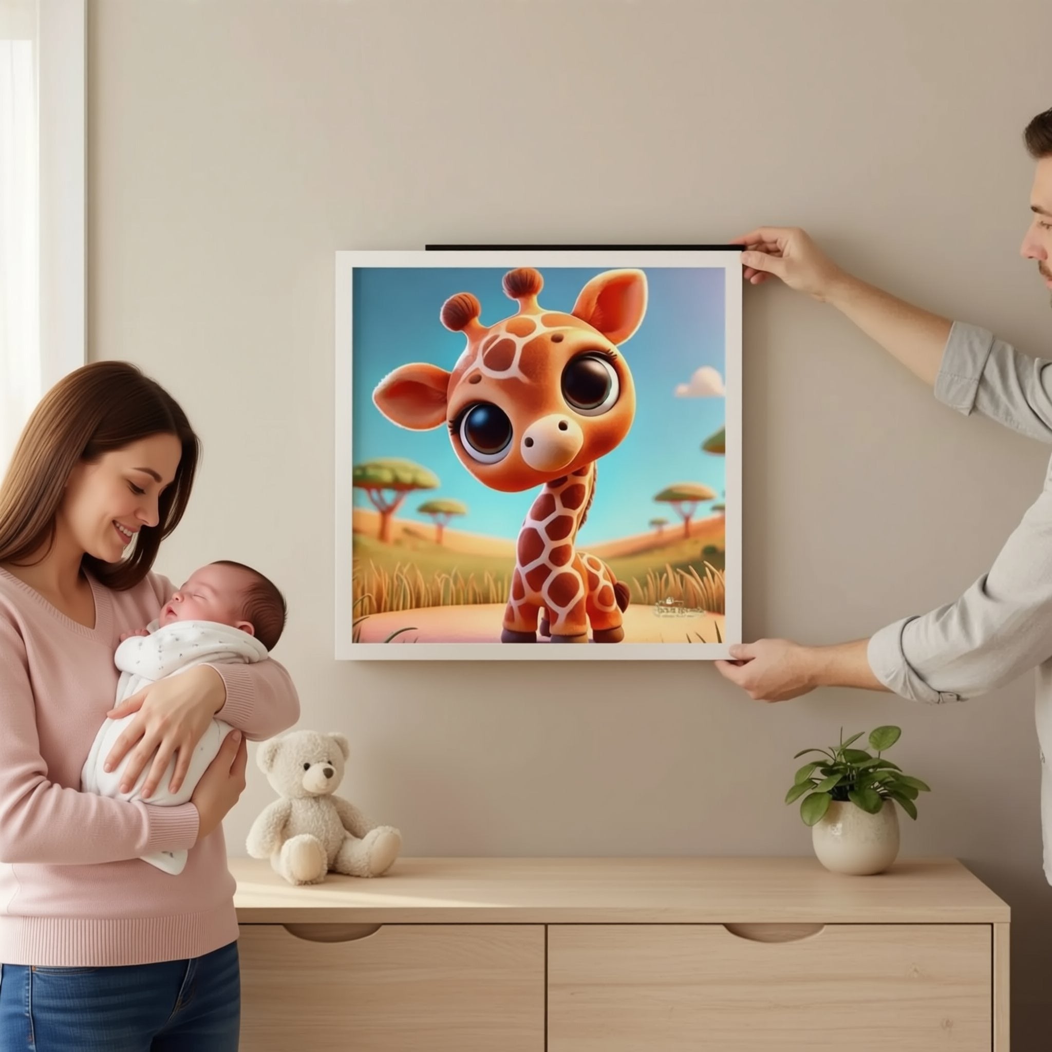 A woman is holding a sleeping baby, while another person is holding up a framed picture of a cartoon giraffe on the wall.