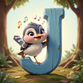 A cartoon bird is perched on a large blue wooden letter 'J' in a forest setting, surrounded by musical notes floating around it.