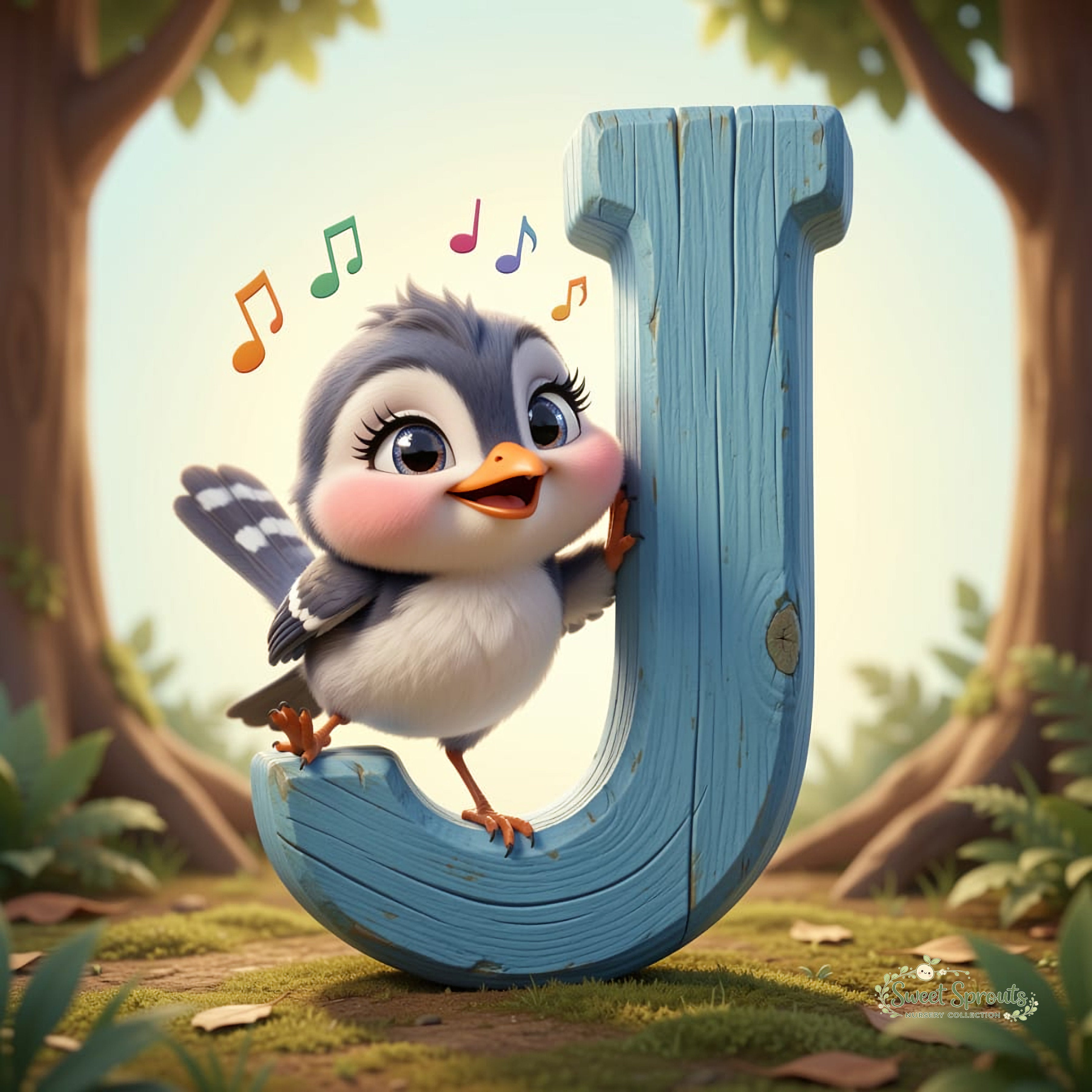 A cartoon bird is perched on a large blue wooden letter 'J' in a forest setting, surrounded by musical notes floating around it.