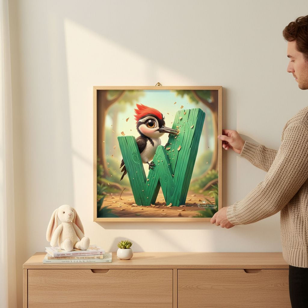 A person is hanging a framed artwork depicting a cartoon bird, specifically a woodpecker, on a wall.