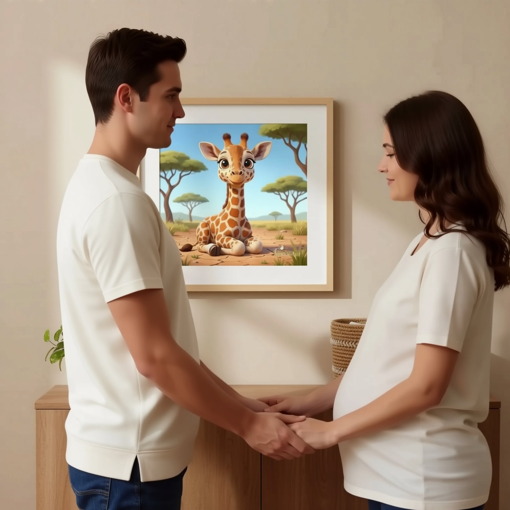 A man is hanging a framed picture of a giraffe on a wall in a room with a wooden cabinet below it.