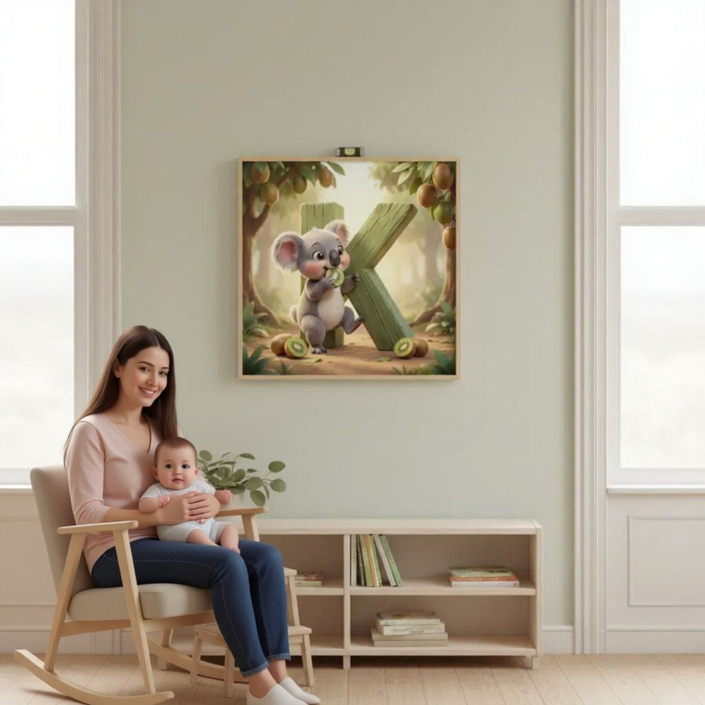 A woman is sitting in a rocking chair, holding a baby, in a room with a bookshelf and a framed picture of a koala bear on the wall.