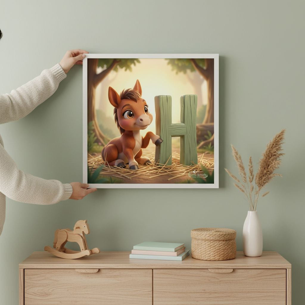 A person is holding up a framed artwork featuring a cartoon horse and the letter 'H' on a wall.