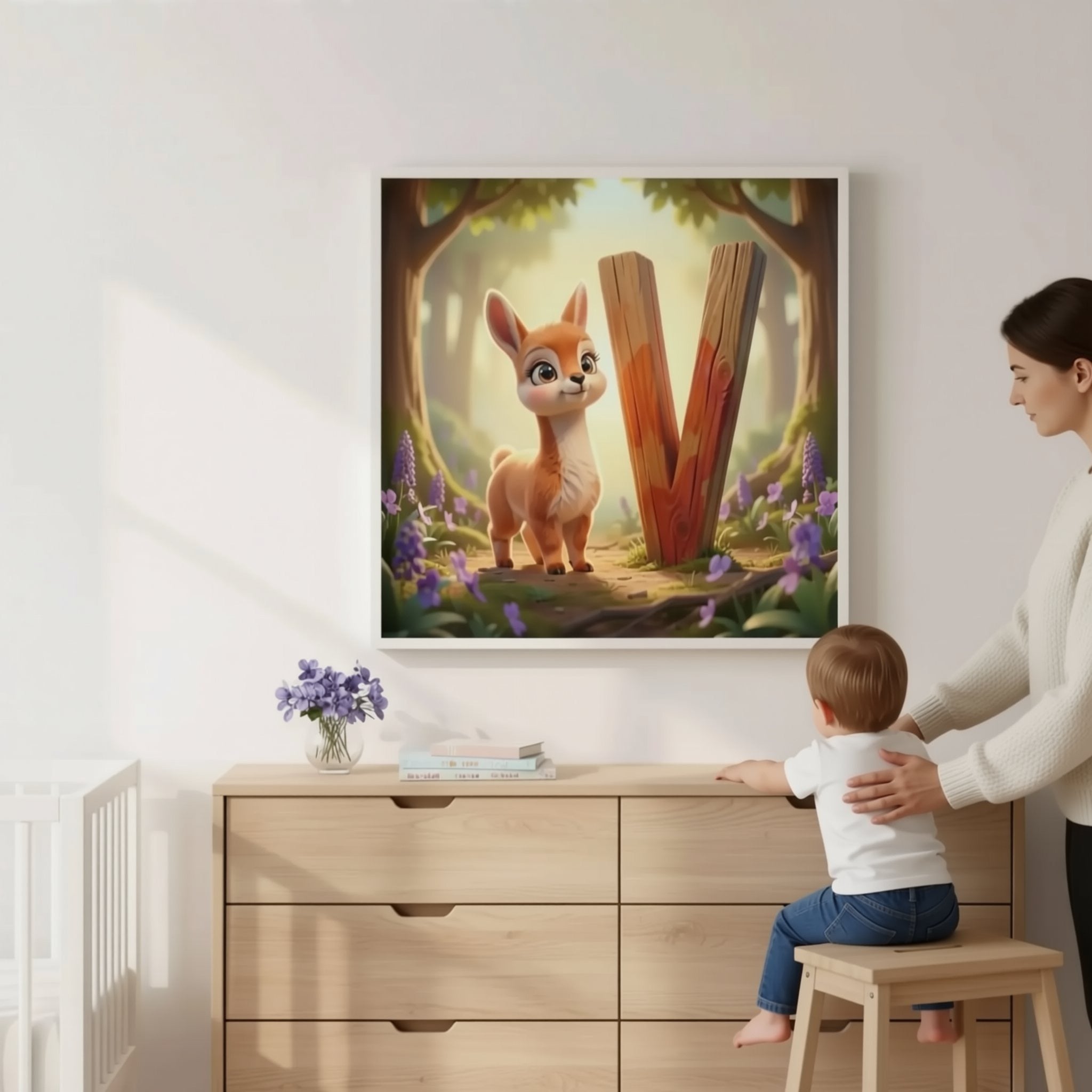 A woman is standing next to a wooden dresser, which has a framed illustration of a cartoon deer on it. The woman is holding the frame, possibly hanging it on the wall.