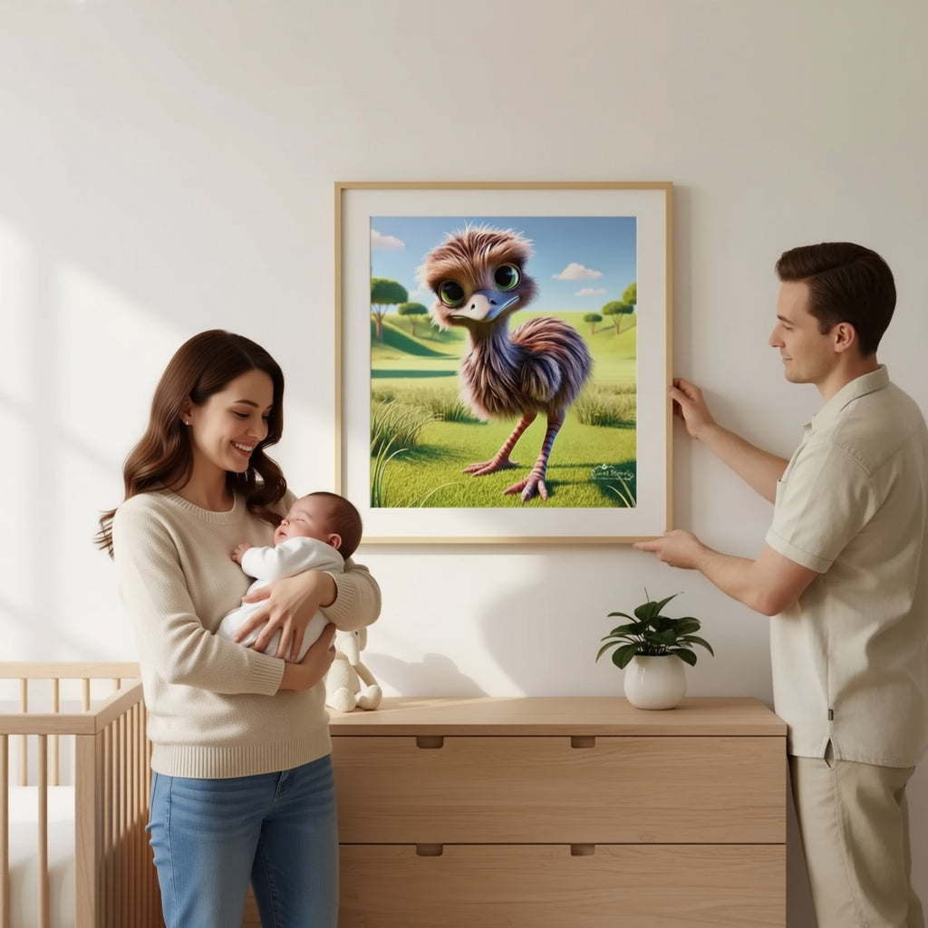 A woman is holding a sleeping baby while a man is pointing to a framed picture of a cartoon bird on the wall.