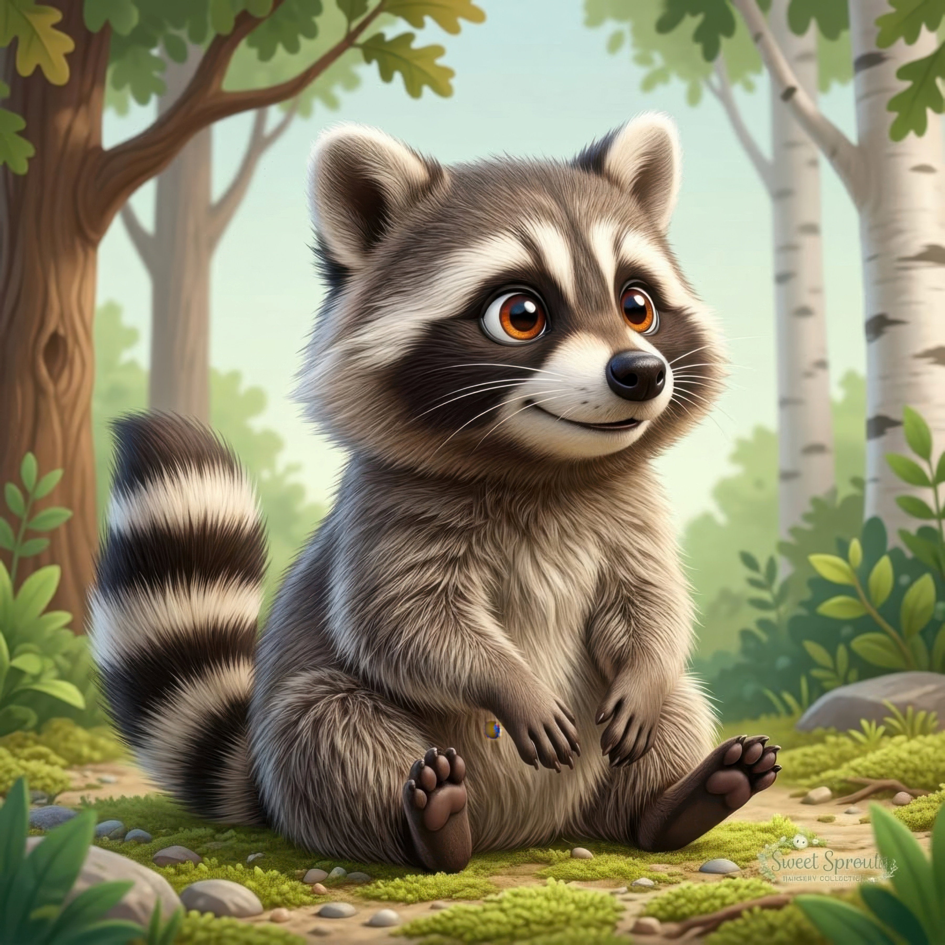 A cute raccoon sitting on the ground in a forest, surrounded by trees and greenery.