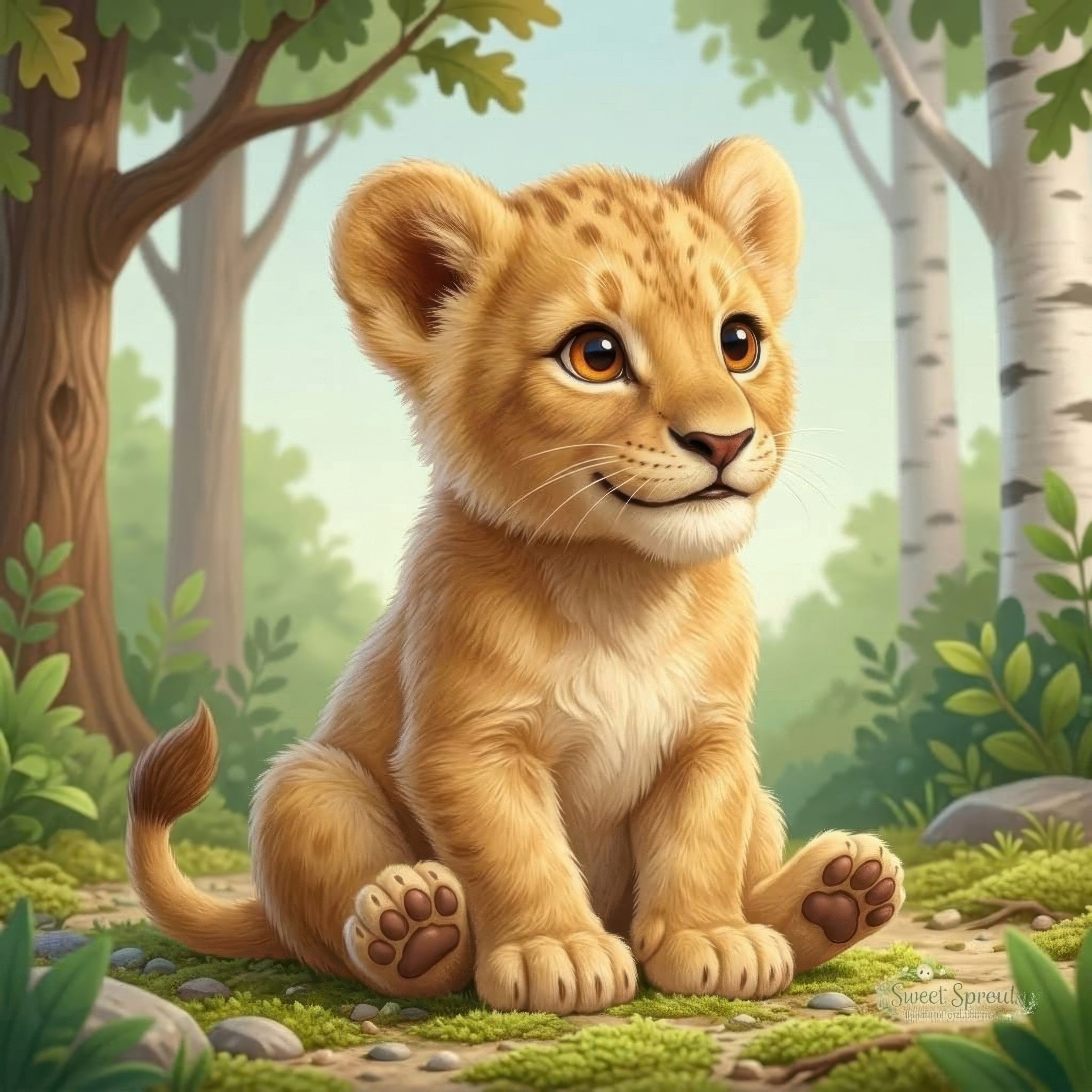 A young lion cub sitting on the ground in a lush, green forest environment.