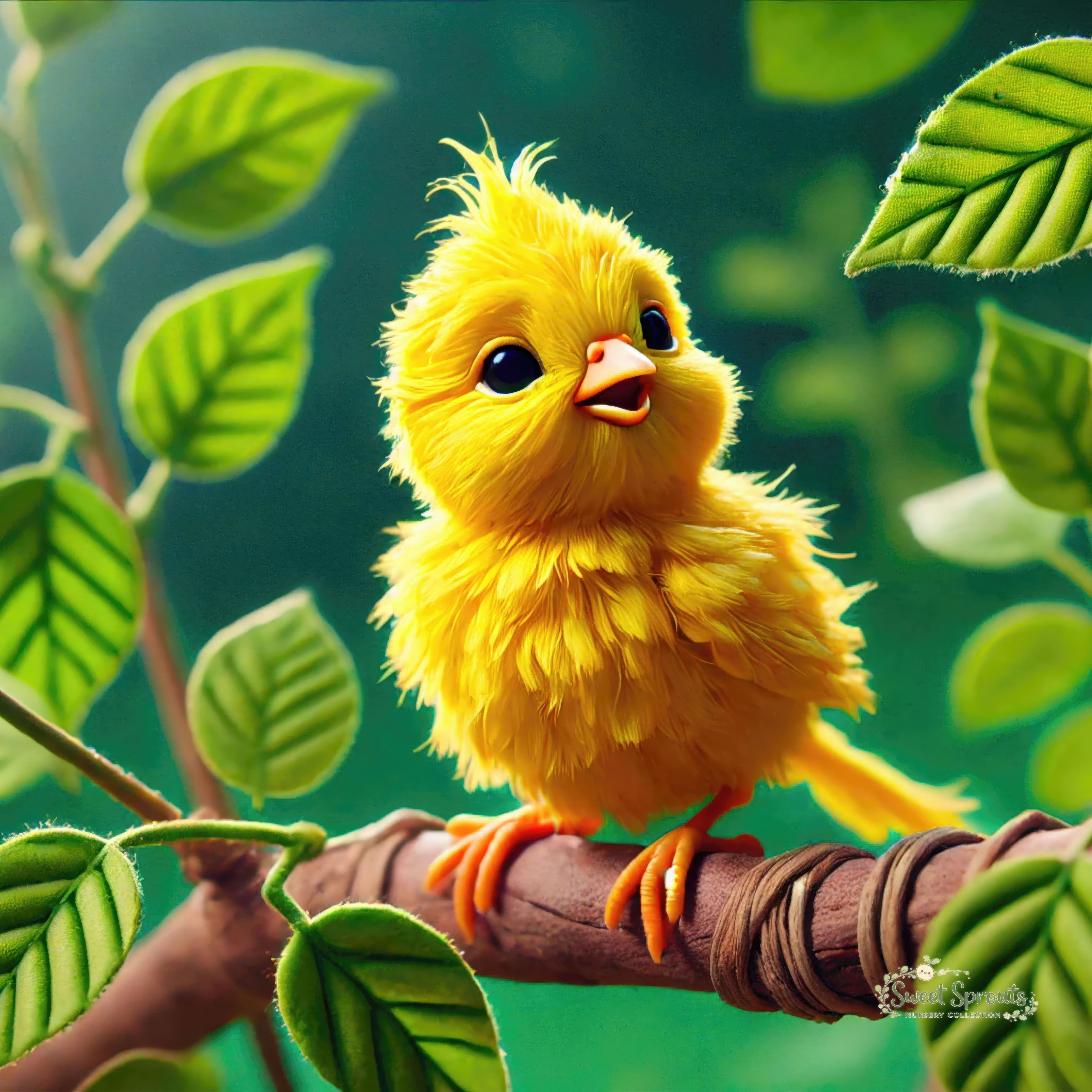 A small, fluffy yellow bird perches on a branch, surrounded by lush green leaves.