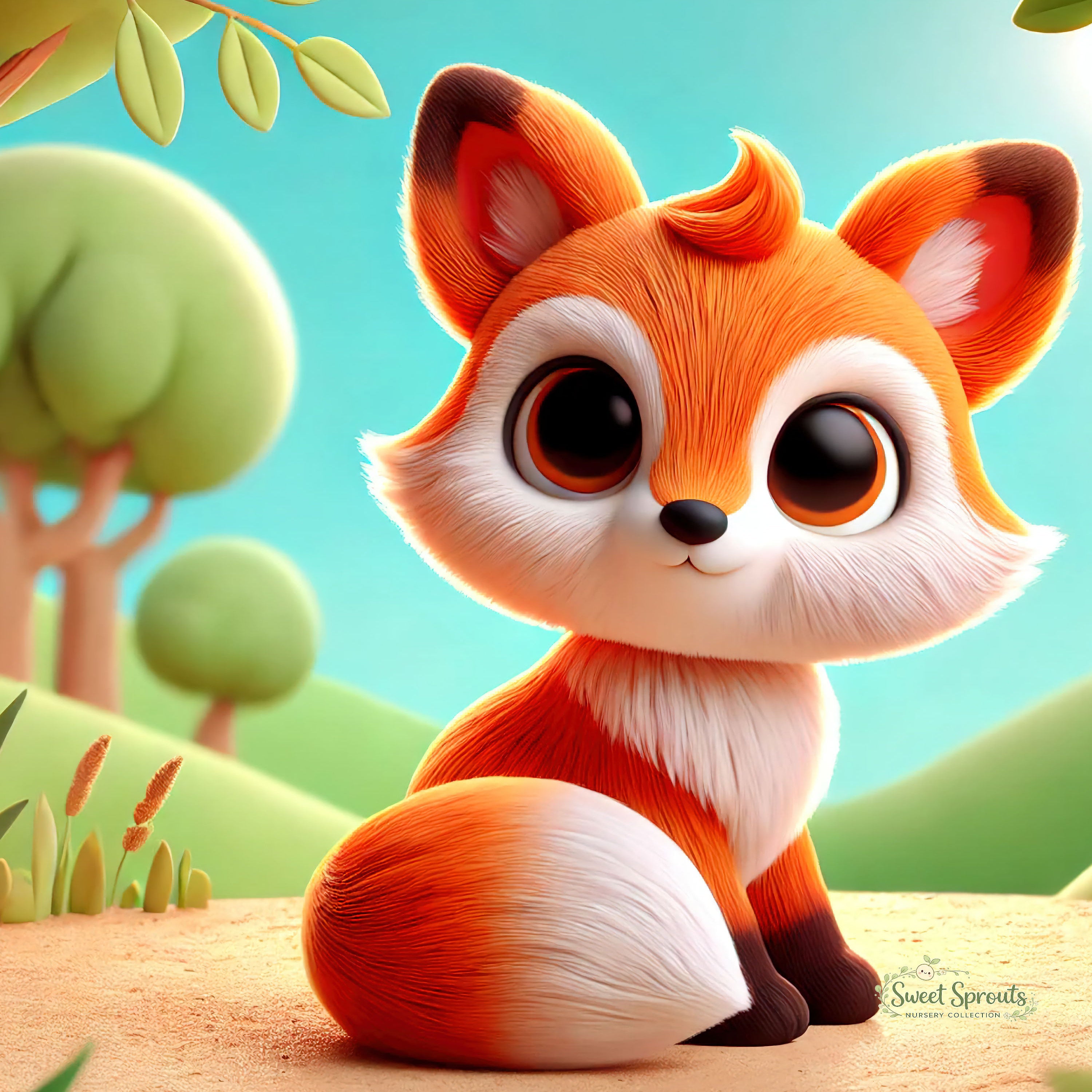 A cartoon image of a cute, orange fox with large eyes and a friendly expression, sitting on a grassy hill with trees and plants in the background.