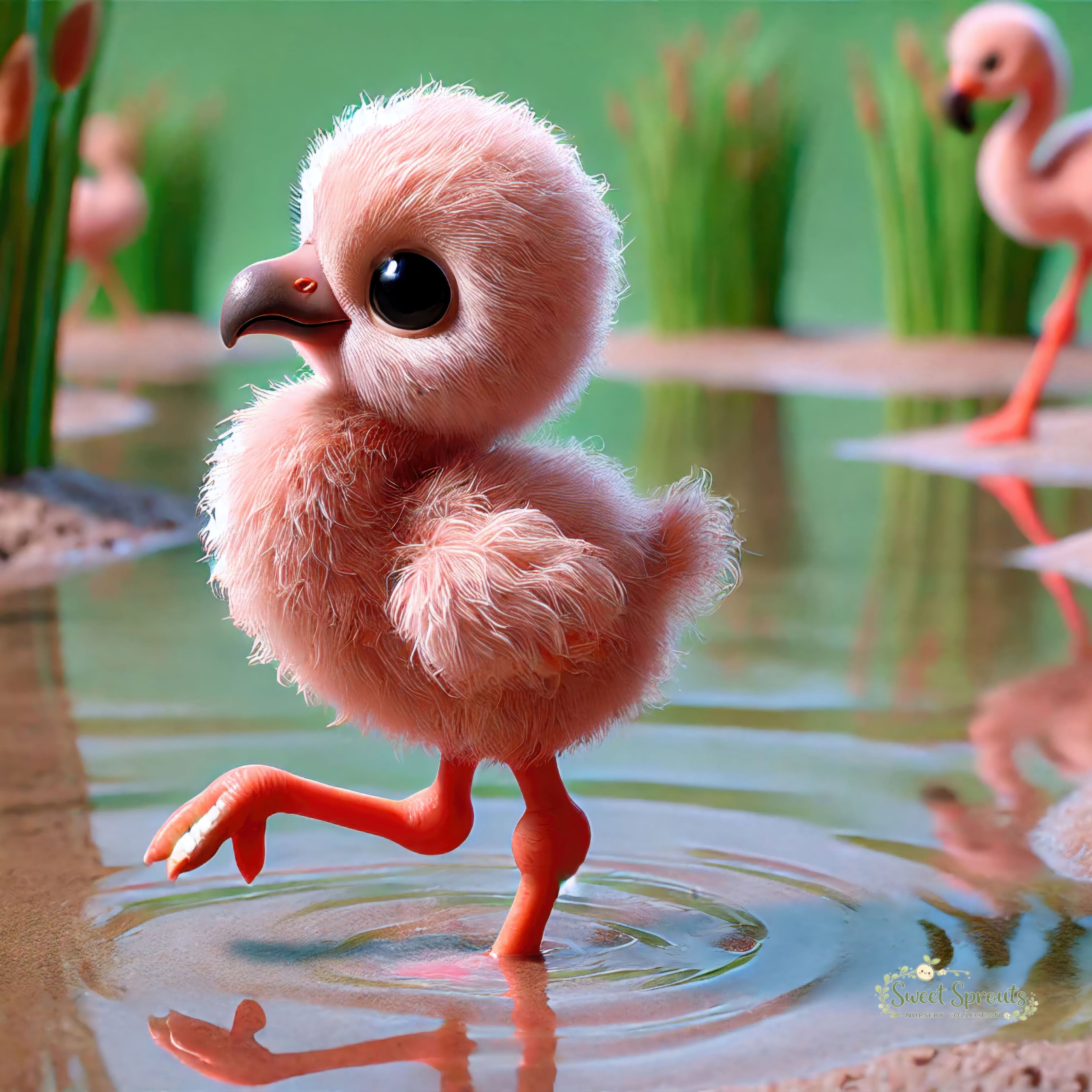 A pink flamingo standing in shallow water, with other flamingos visible in the background.