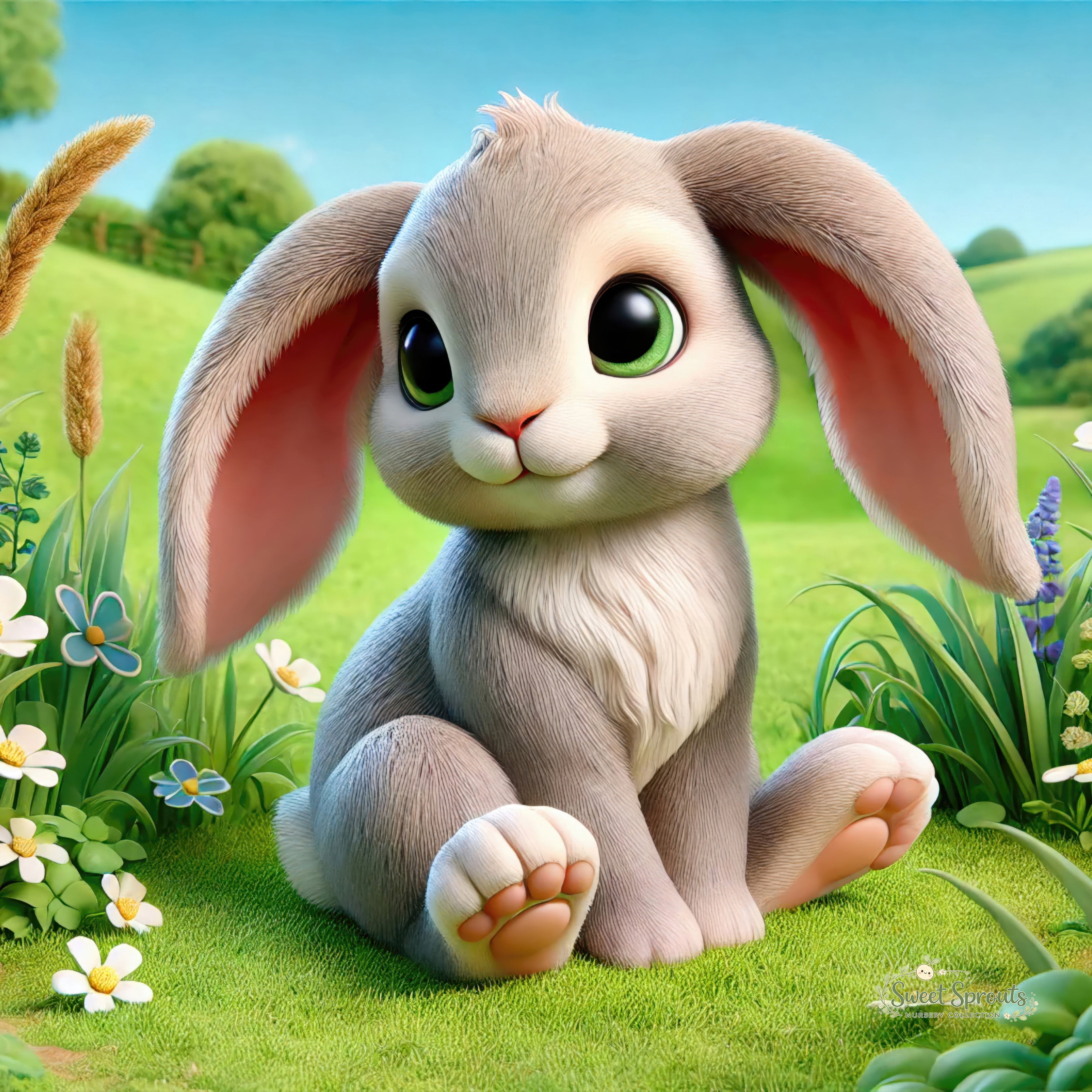 A cute cartoon rabbit sitting on a grassy field surrounded by flowers and greenery.
