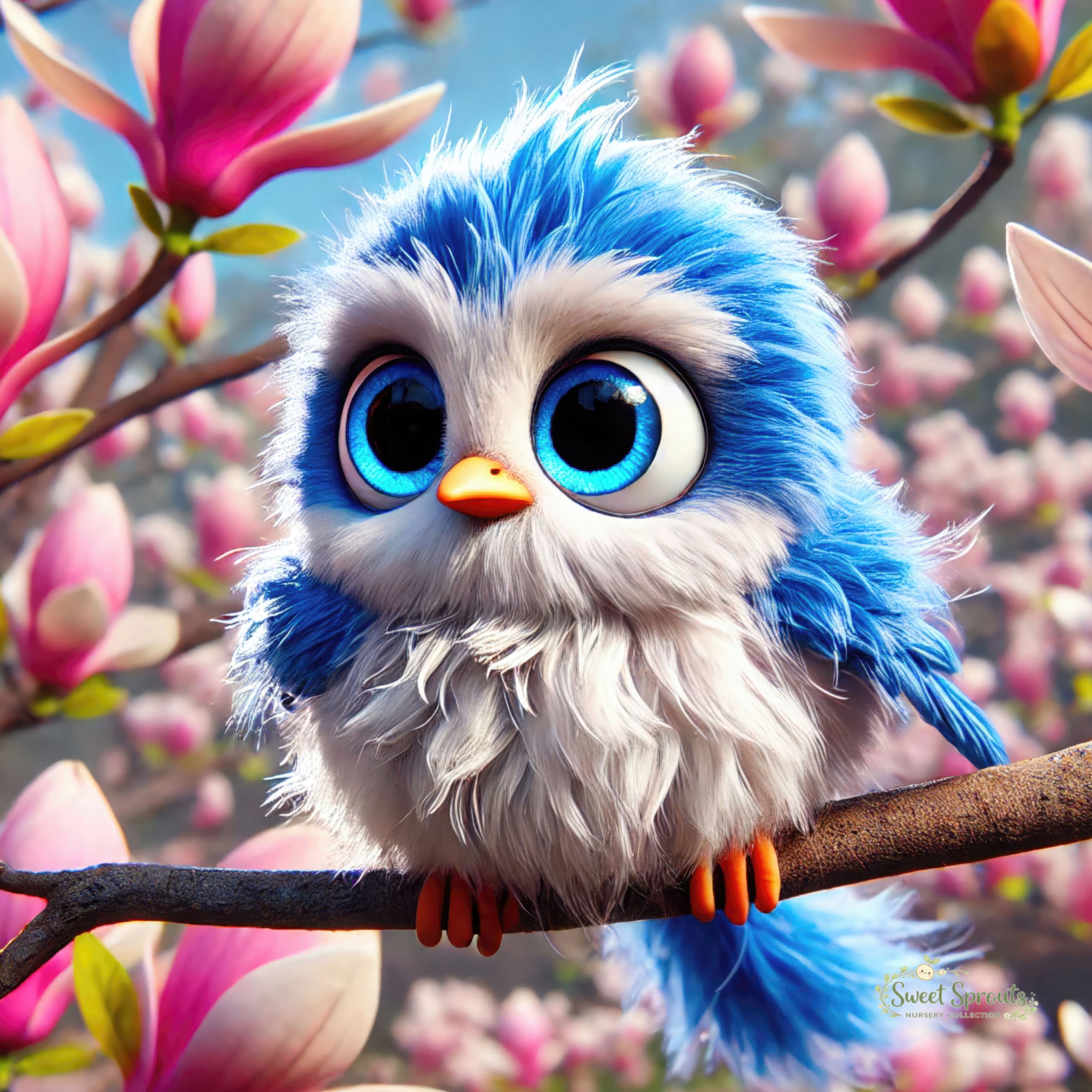 A close-up of a blue bird with large, expressive eyes perched on a branch, surrounded by pink flowers.