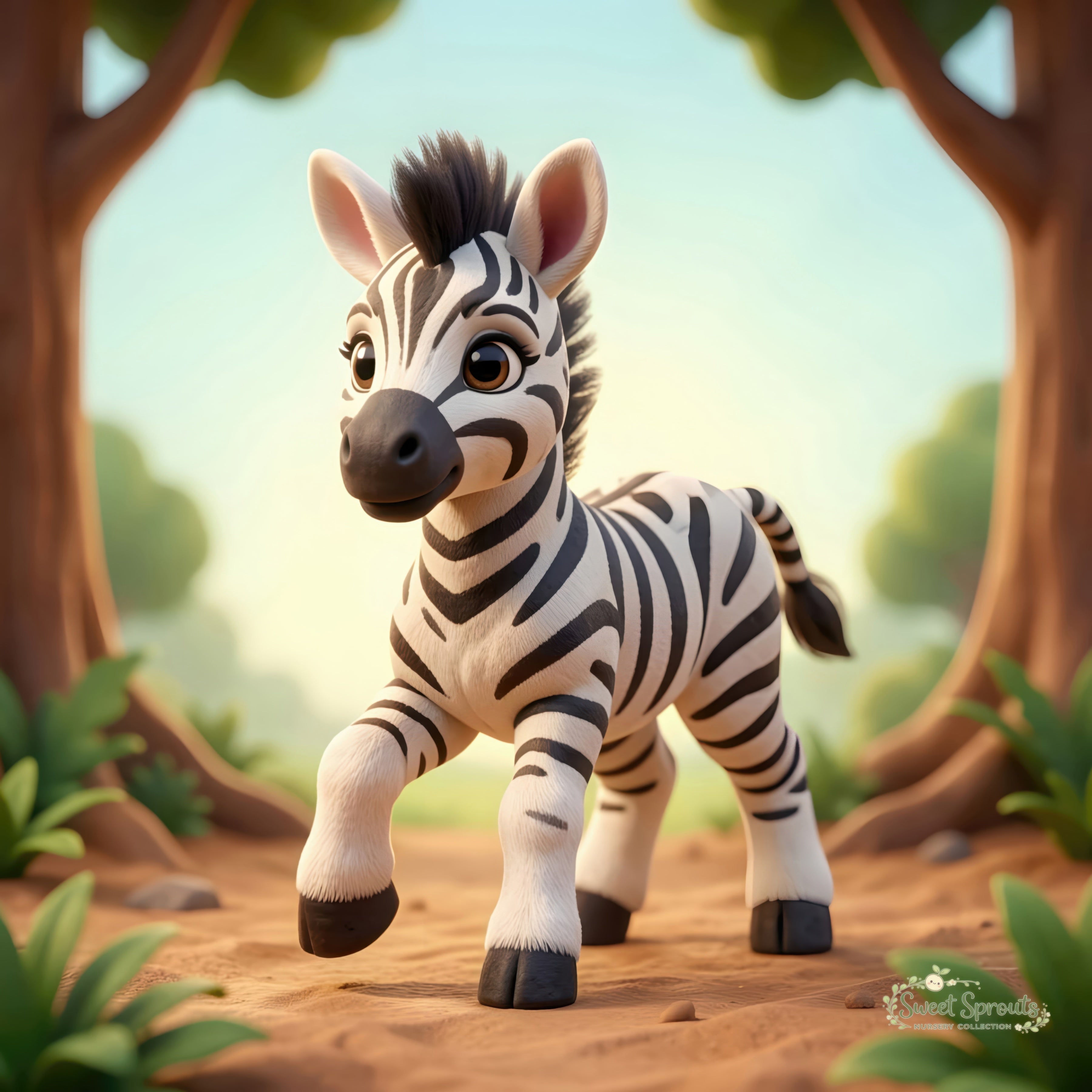 A cartoon zebra standing on a dirt path surrounded by trees and foliage.