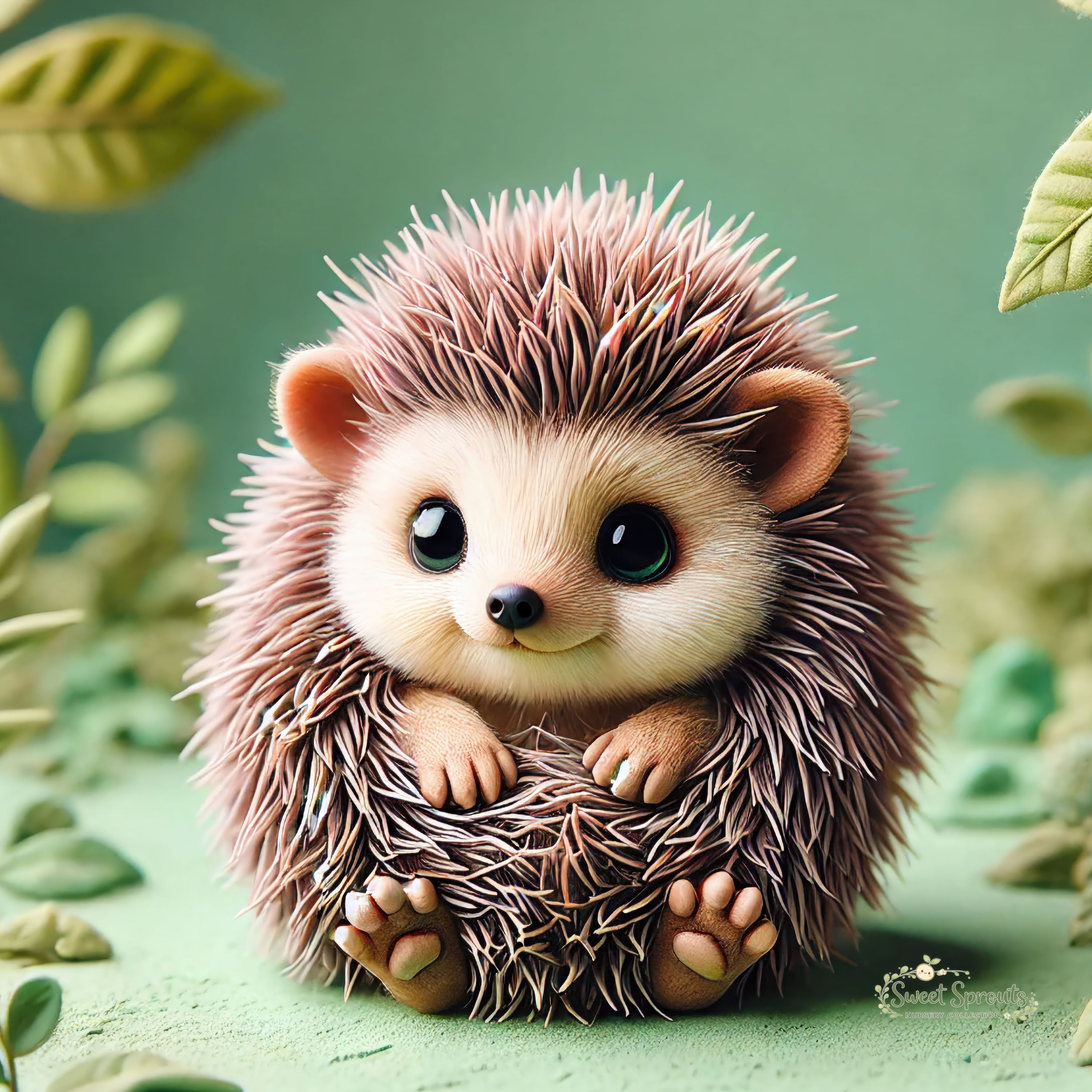 A cute hedgehog figurine with large eyes and a friendly expression sits on a green surface surrounded by leaves.